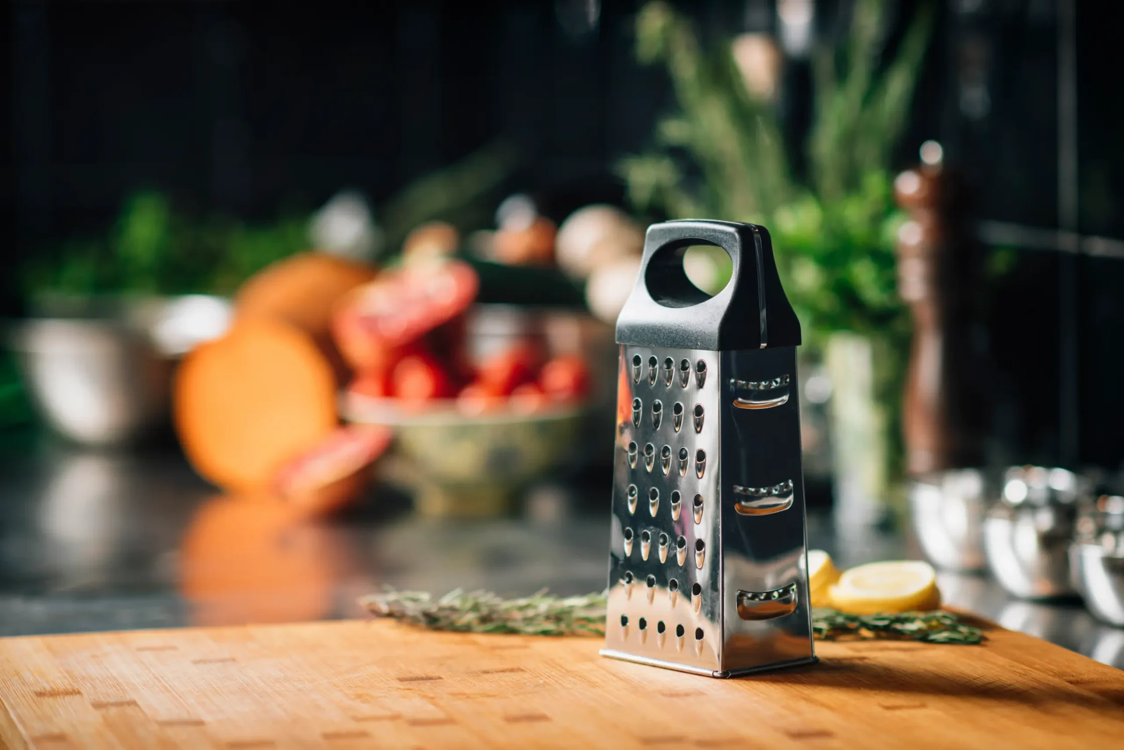 Box grater standing on a wooden cutting board in a kitchen with vegetables and herbs in the background.