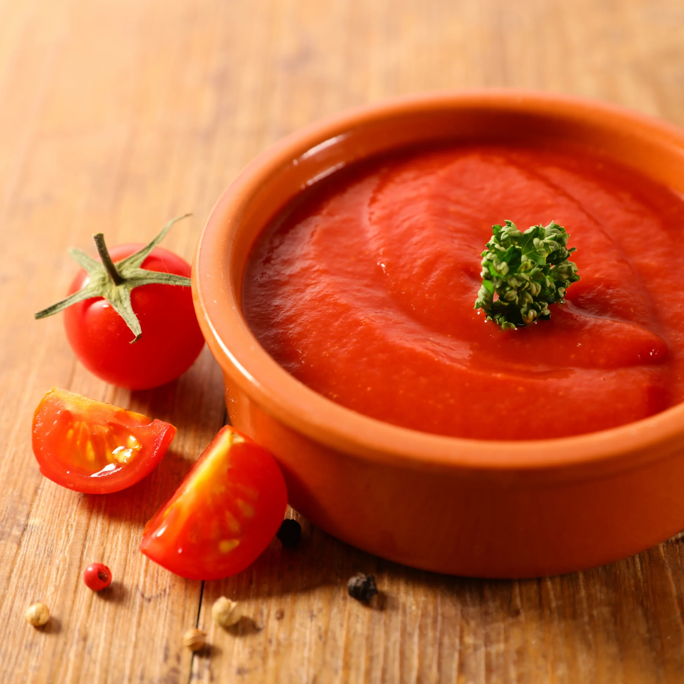 Bowl of red tomato sauce with a small herb garnish on a wooden table, surrounded by tomato wedges and a whole cherry tomato.