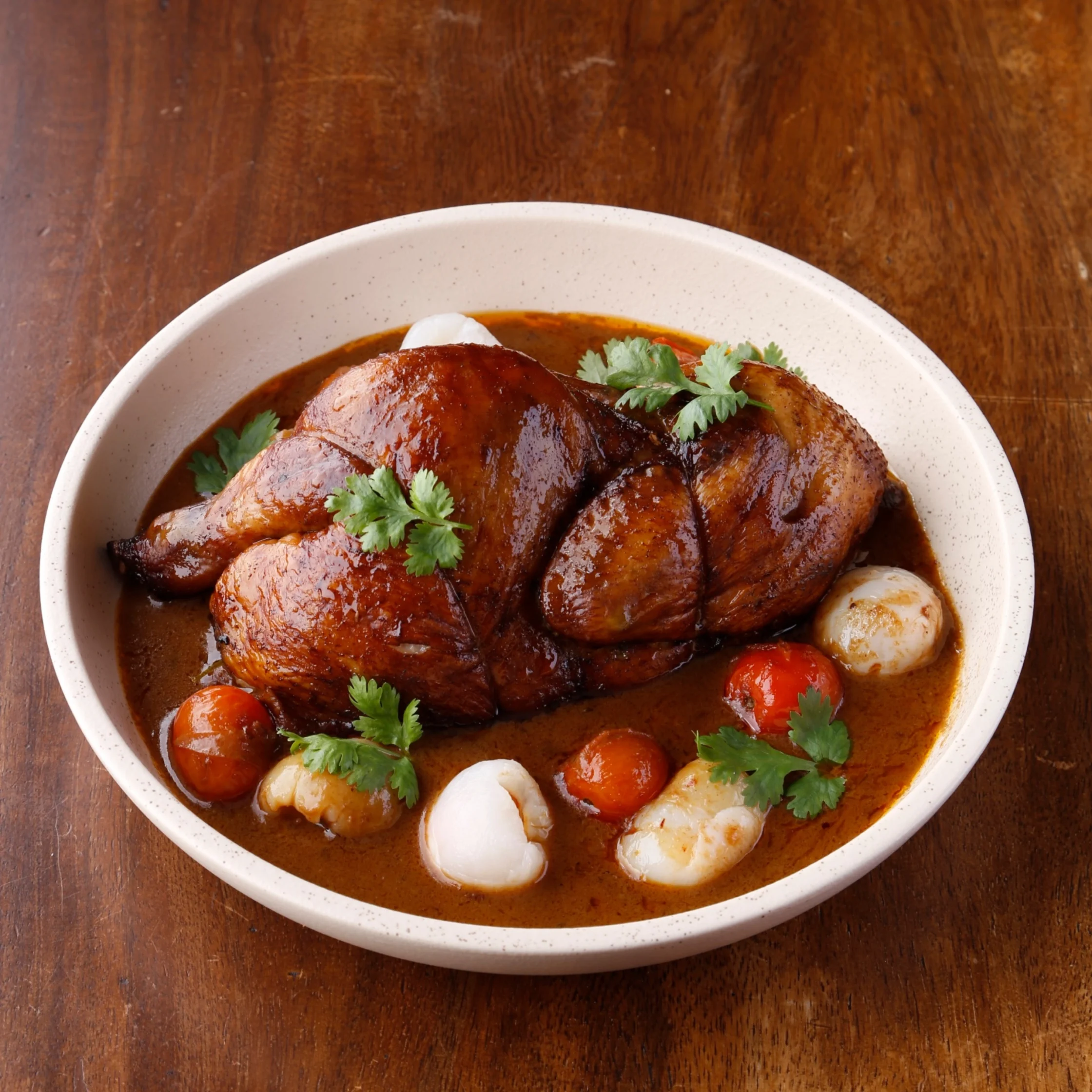 Flour Pot's Roasted chicken in a glossy brown sauce with cherry tomatoes, onions, and cilantro in a white bowl.