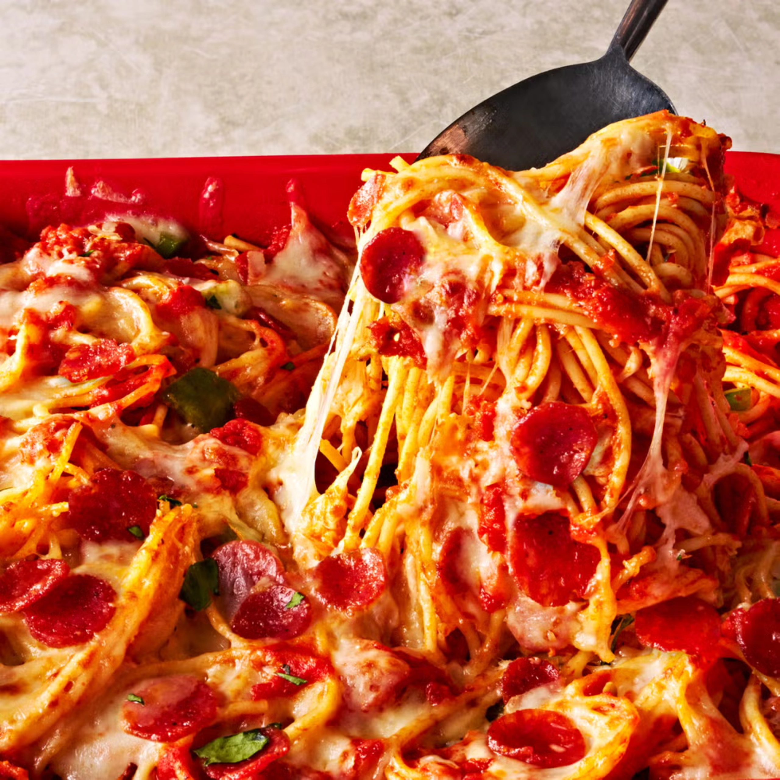 Pizza Spaghetti pasta/cheese pull close up shot