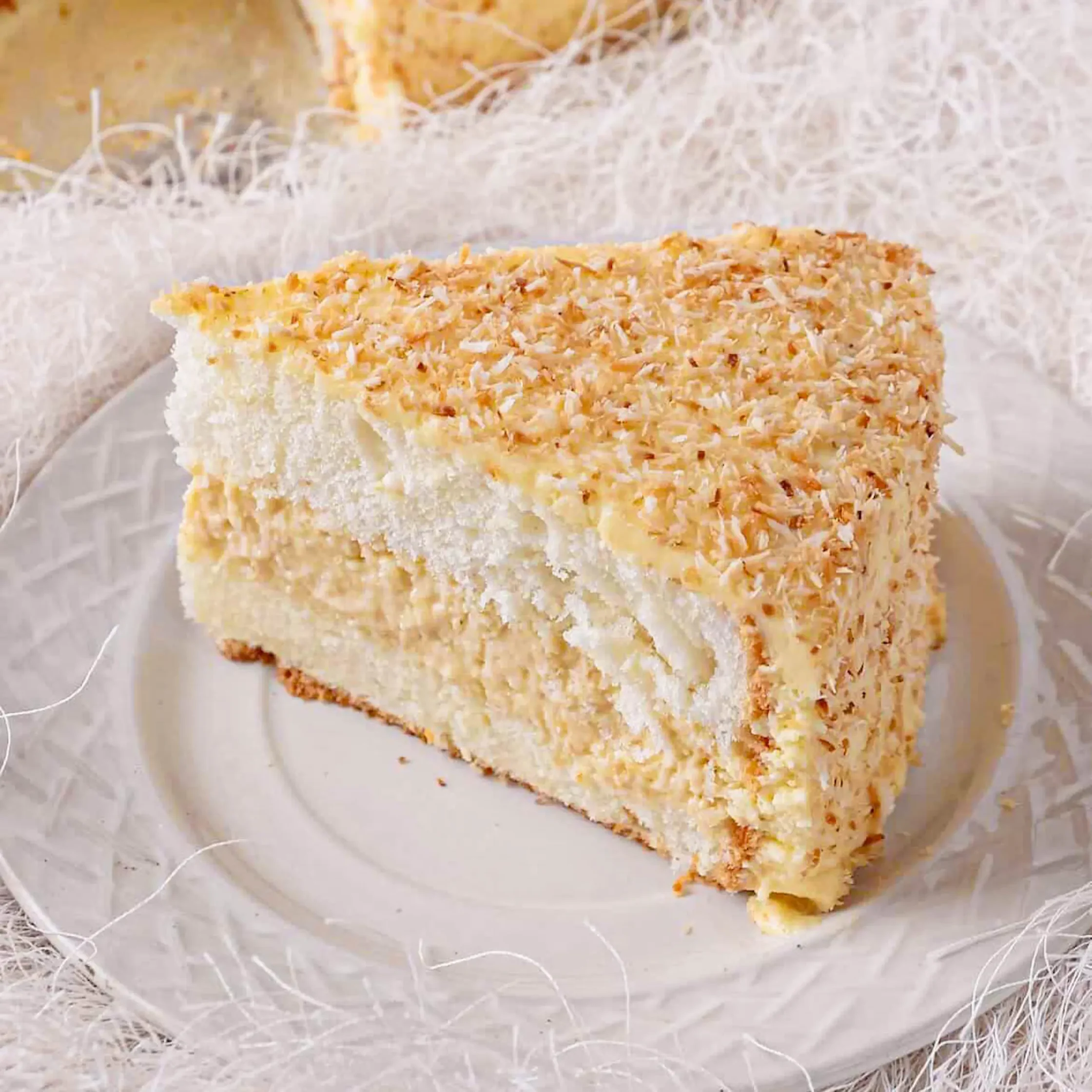 Two slices of vanilla cake with toasted coconut flakes on top, arranged on a plate.