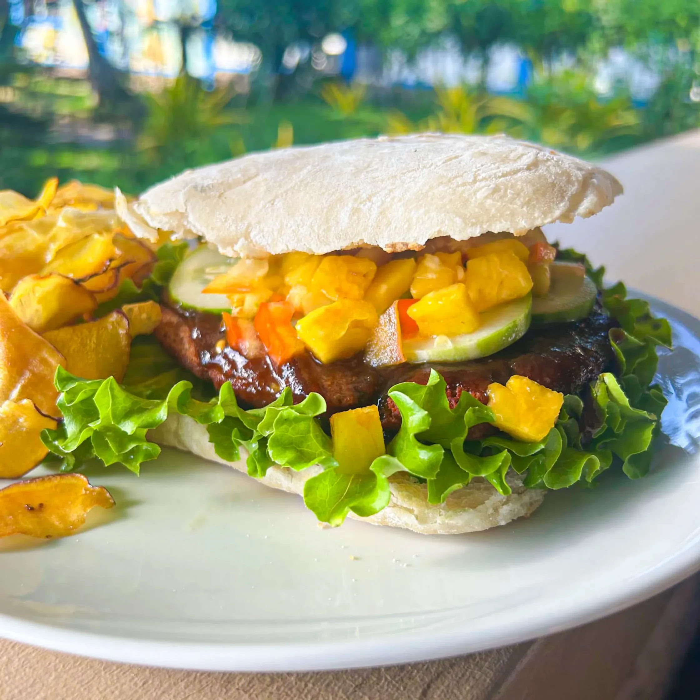 Tropical coconut burger from Malambo in Camiguin, Philippines topped with mango salsa, lettuce, cucumber, and served with crispy chips.