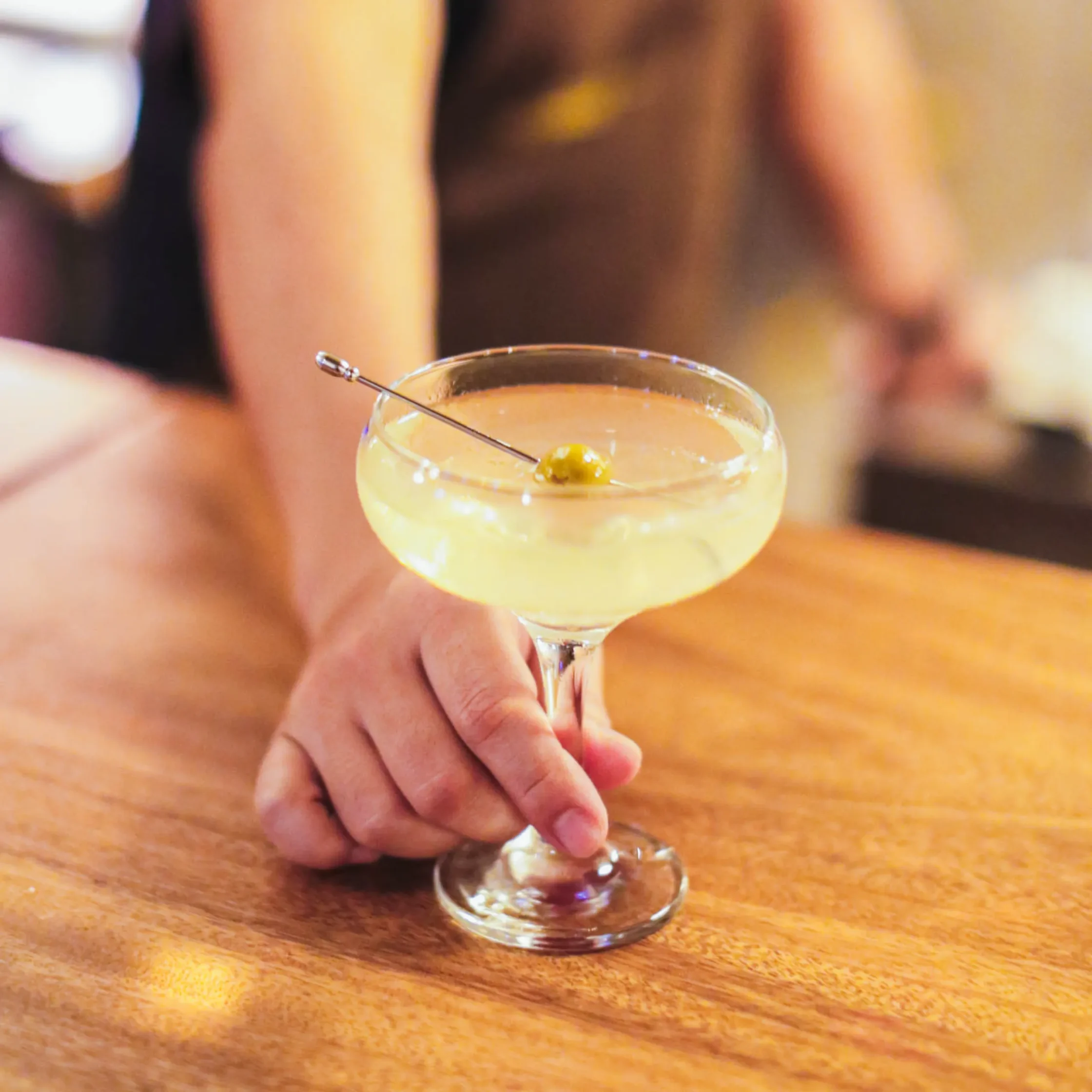 Classic cocktail with olive garnish served at Cutie Pie Pizza bar in Karrivin Plaza Makati