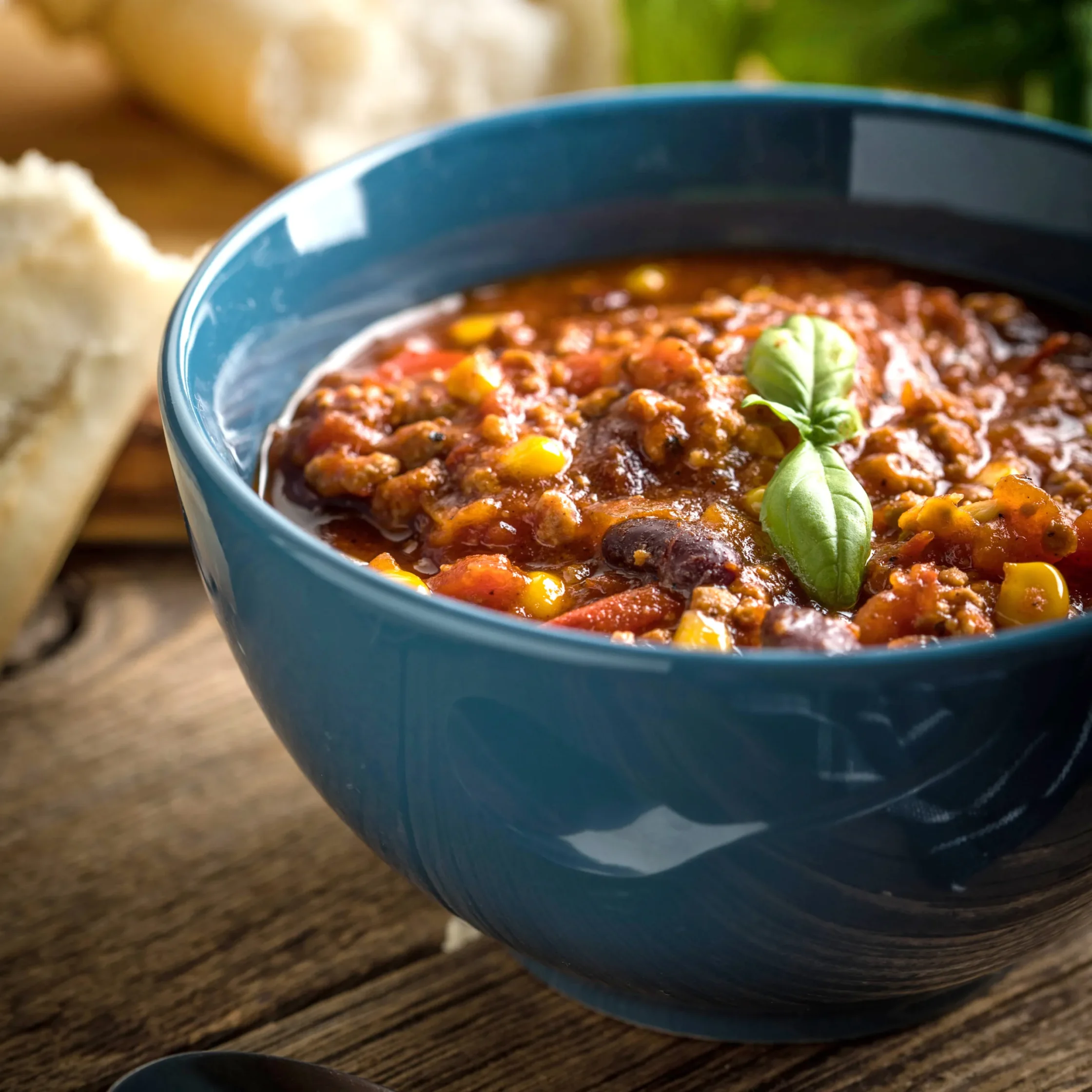 Deep blue ceramic soup bowl filled with hearty chili containing beans, vegetables, and herbs, placed on a rustic wooden table with bread in the background.