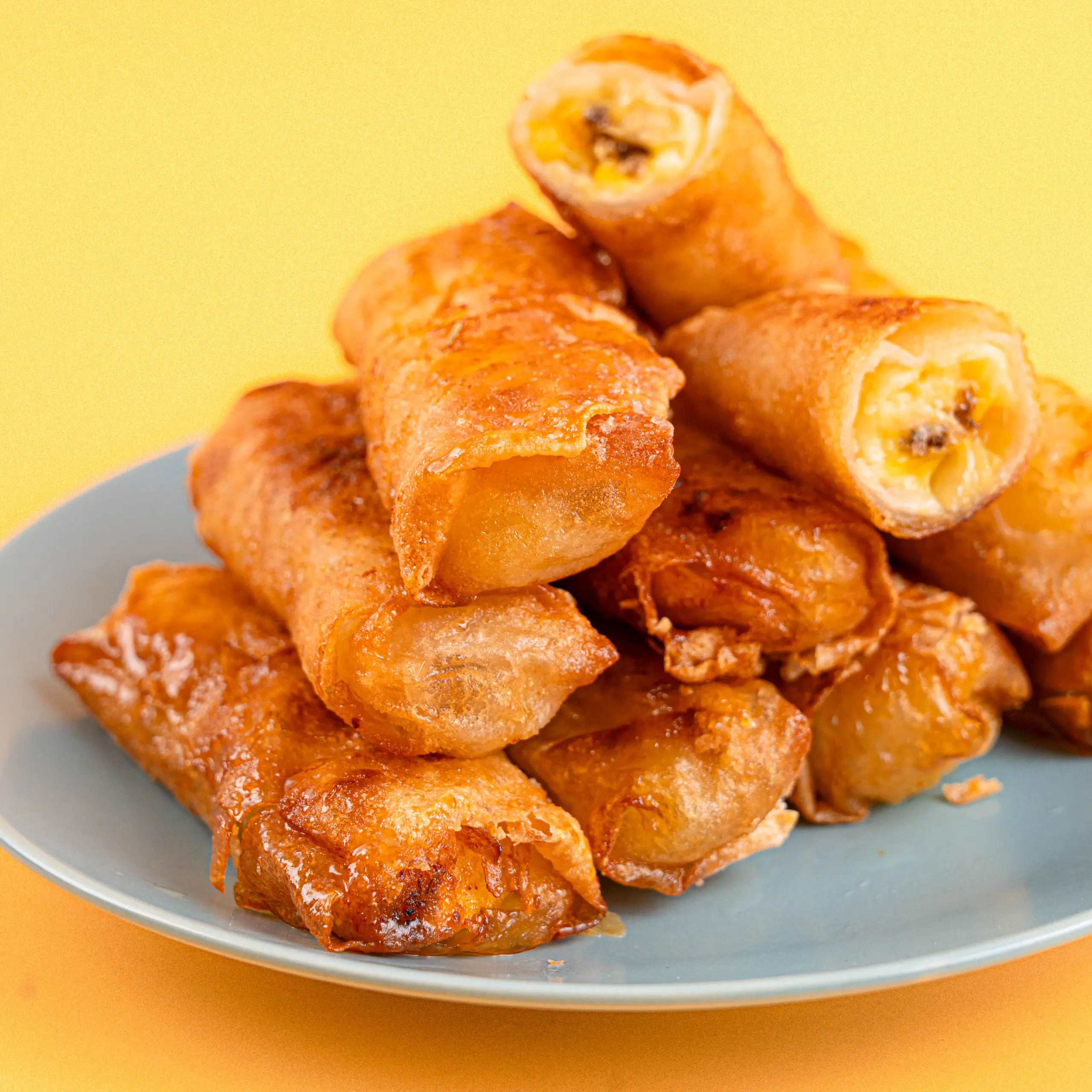 tight shot of turon on blue plate