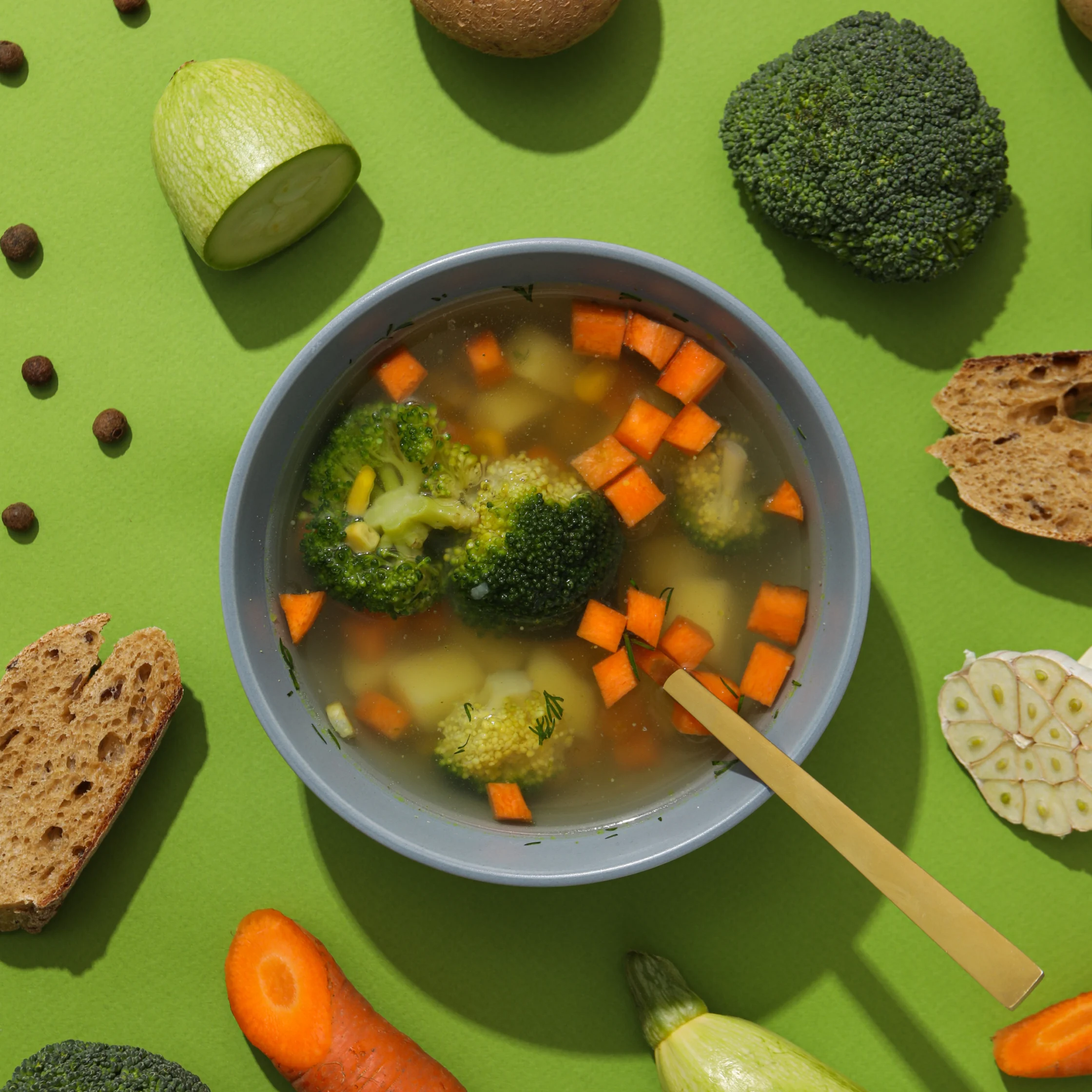 soup with veggies broccoli carrots and more