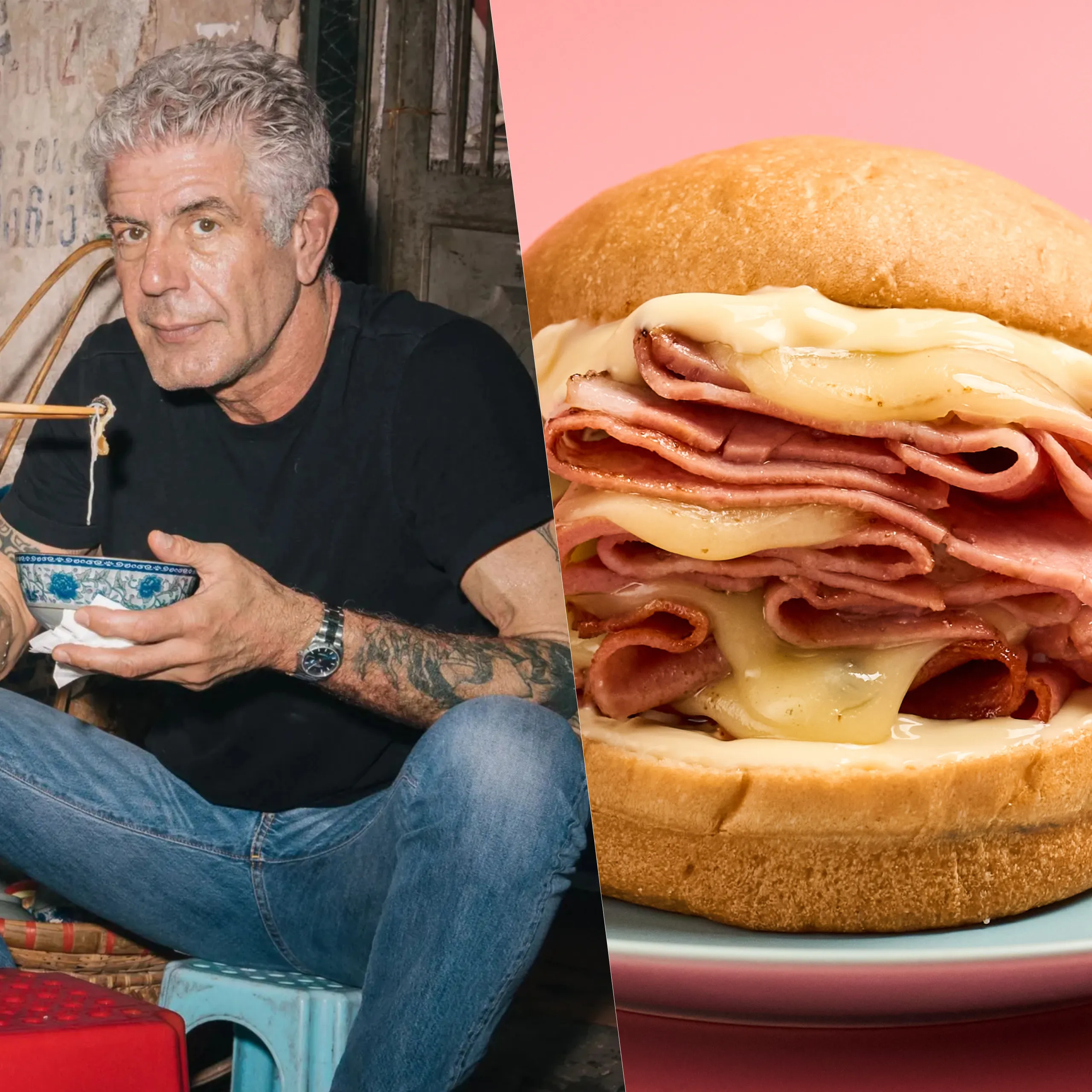 anthony borudain sandwich with mortadella provolone and mayonaissae and bread