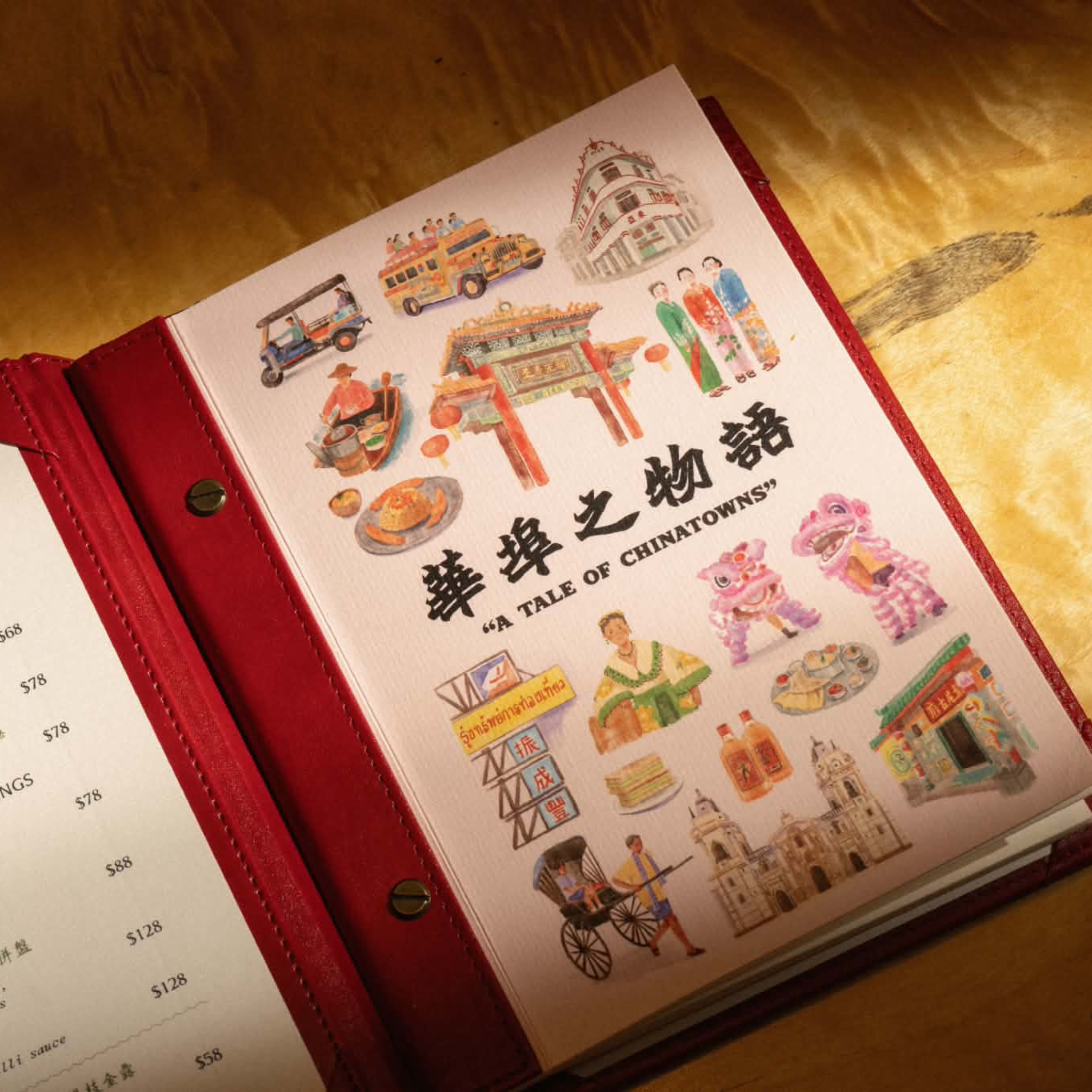 A menu titled A Tale of Chinatowns features illustrations of cultural landmarks, food, and traditions, reflecting Kinsman’s concept of celebrating Chinatown stories from around the world.
