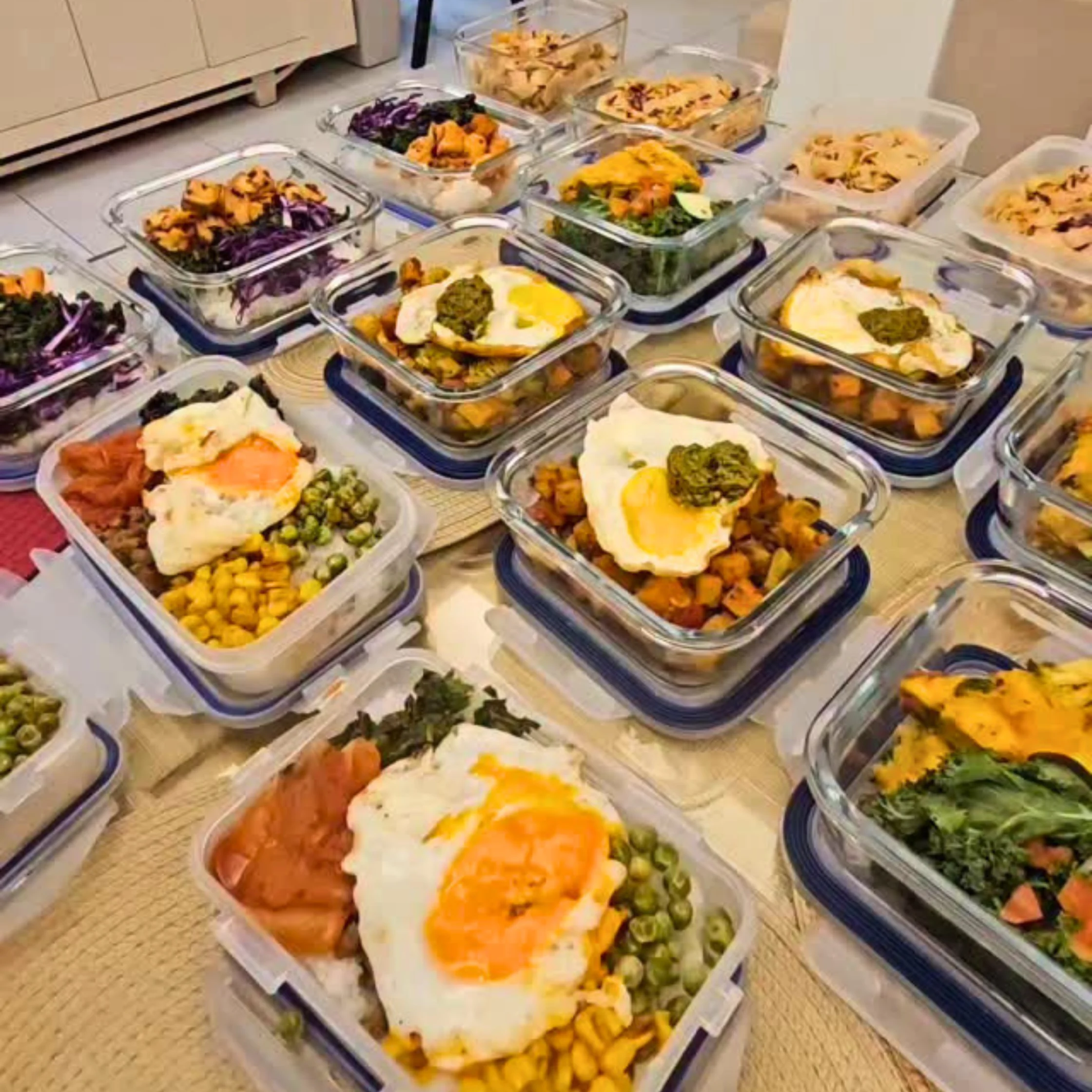 A collection of meal-prep containers prepared by Private Chef Geron Altamirano, filled with eggs, vegetables, greens, grains, and proteins.