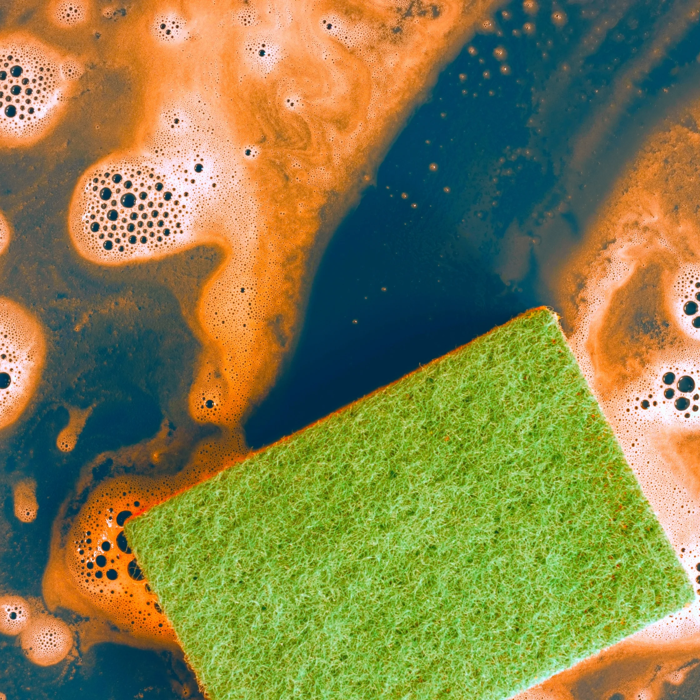 Green kitchen sponge floating in dark, soapy water with orange foam swirling around it.