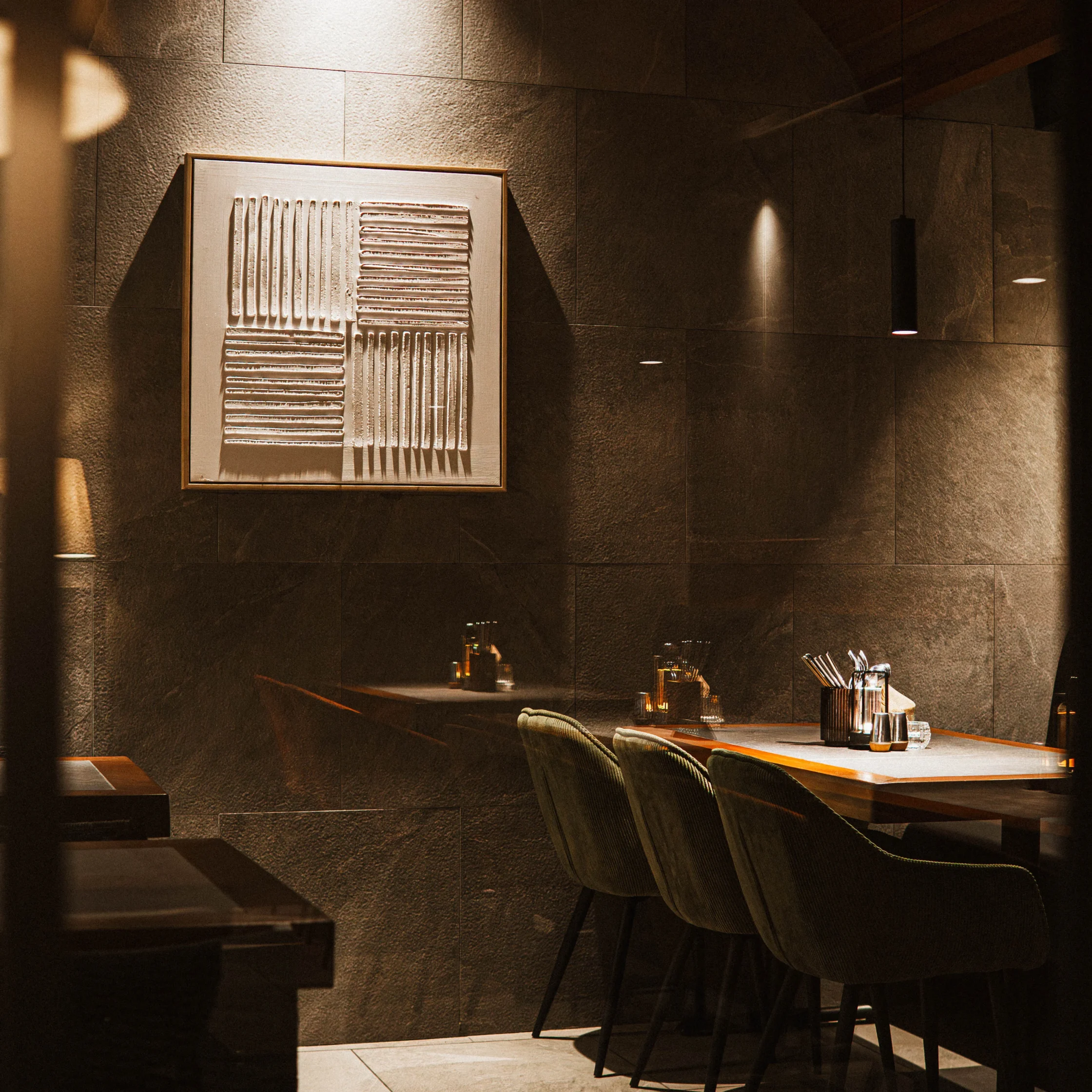 Seating area with good lighting and interior decor