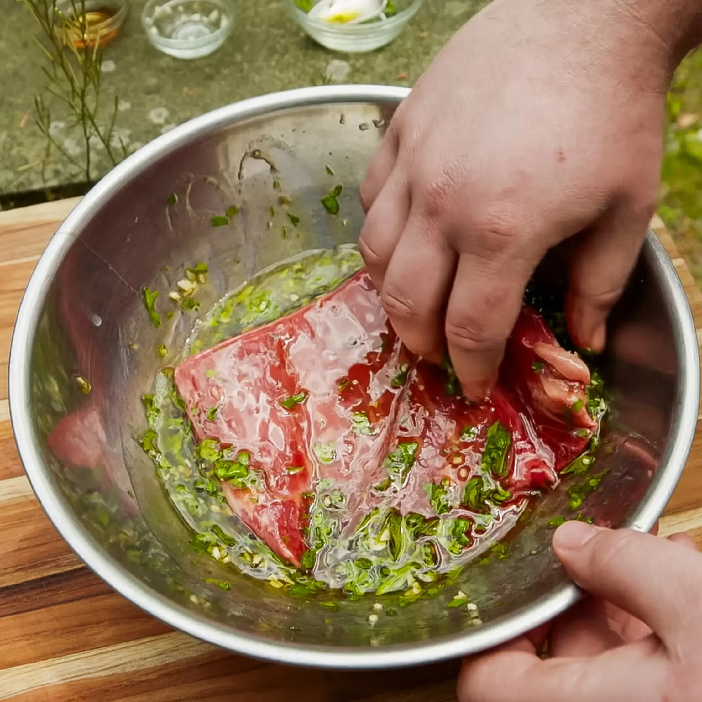 Marinade, start with olive oil, then whisk in something bold (like balsamic vinegar + mustard), something fresh (herbs, citrus, or a combination of the two), and something sweet (brown sugar or honey)