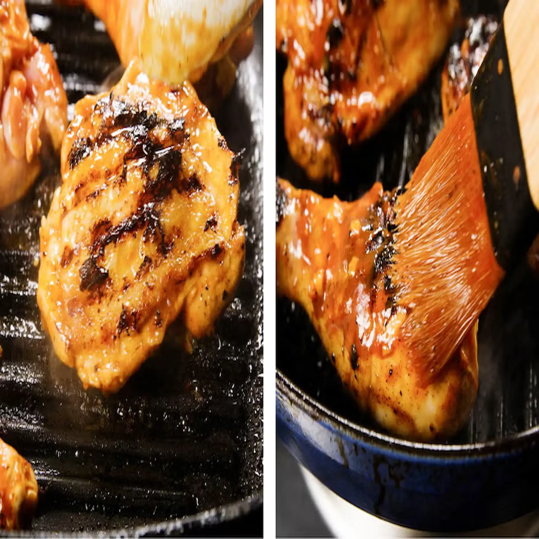 After preheating your grill, add the chicken—skin side down—and grill, flipping and basting with the reserved BBQ sauce.