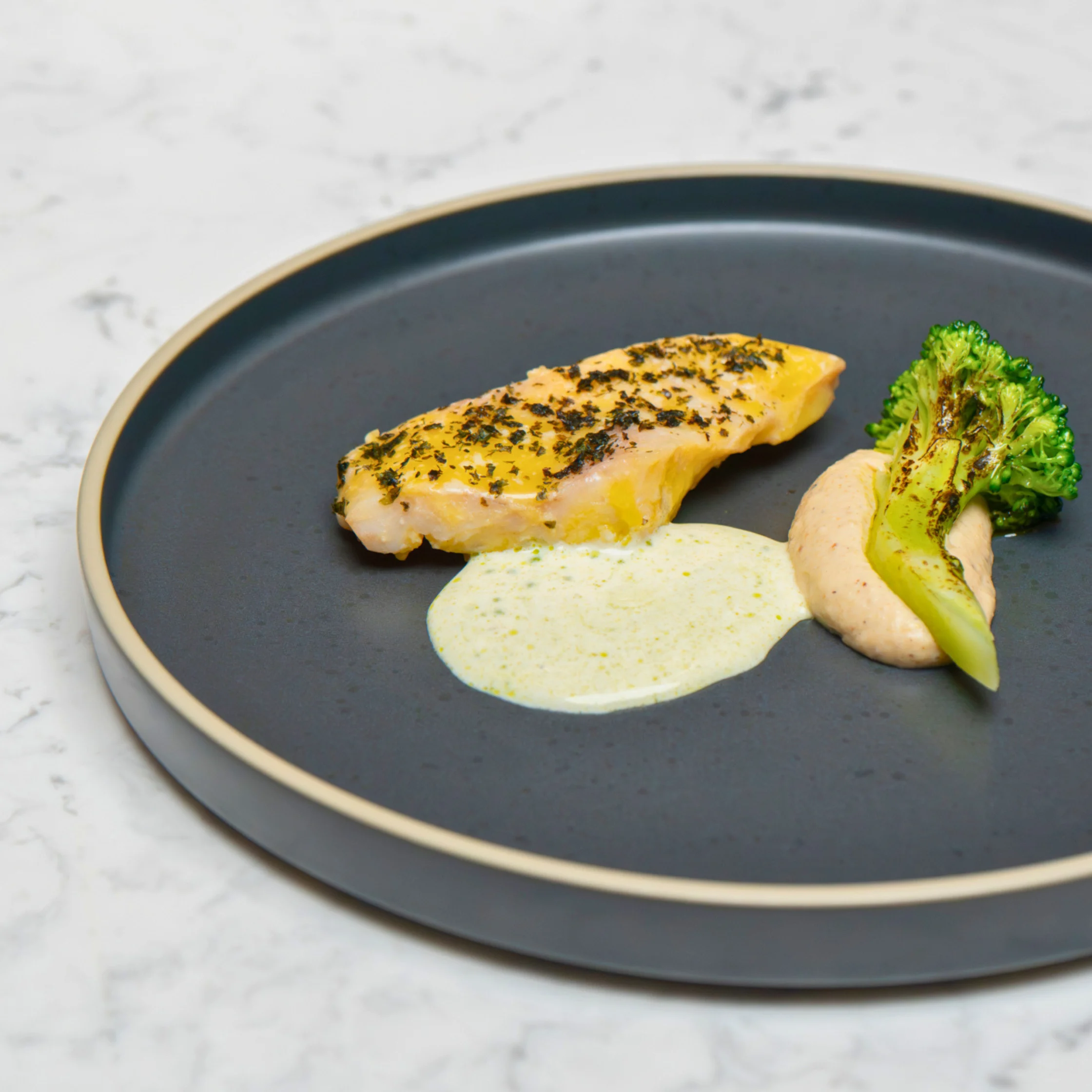 Fourth Course - Winnowing Misamis cocoa butter and miso poached grouper burnt cauliflower seaweed powder and glazed broccoli
