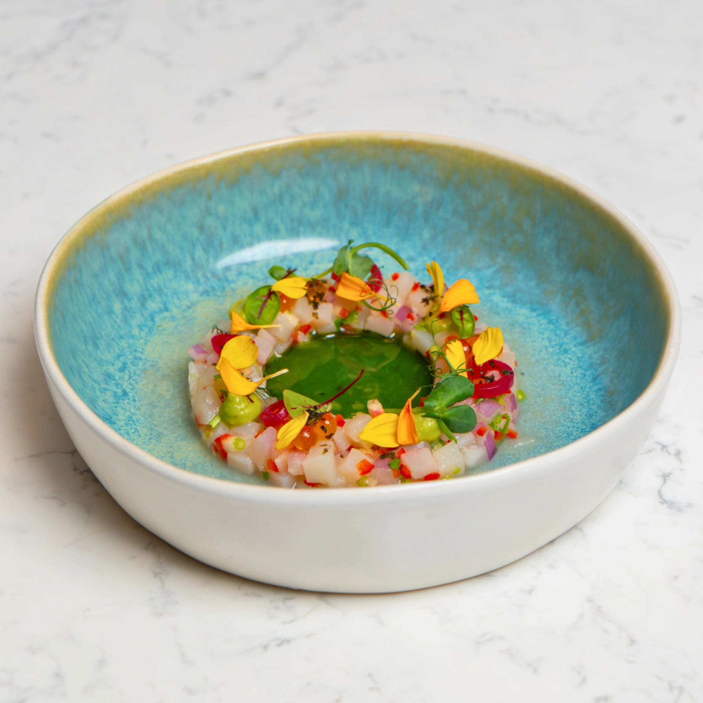 Second Course - Fermentation scallops ceviche avocado Samar cacao fermented vinegar and herb oil