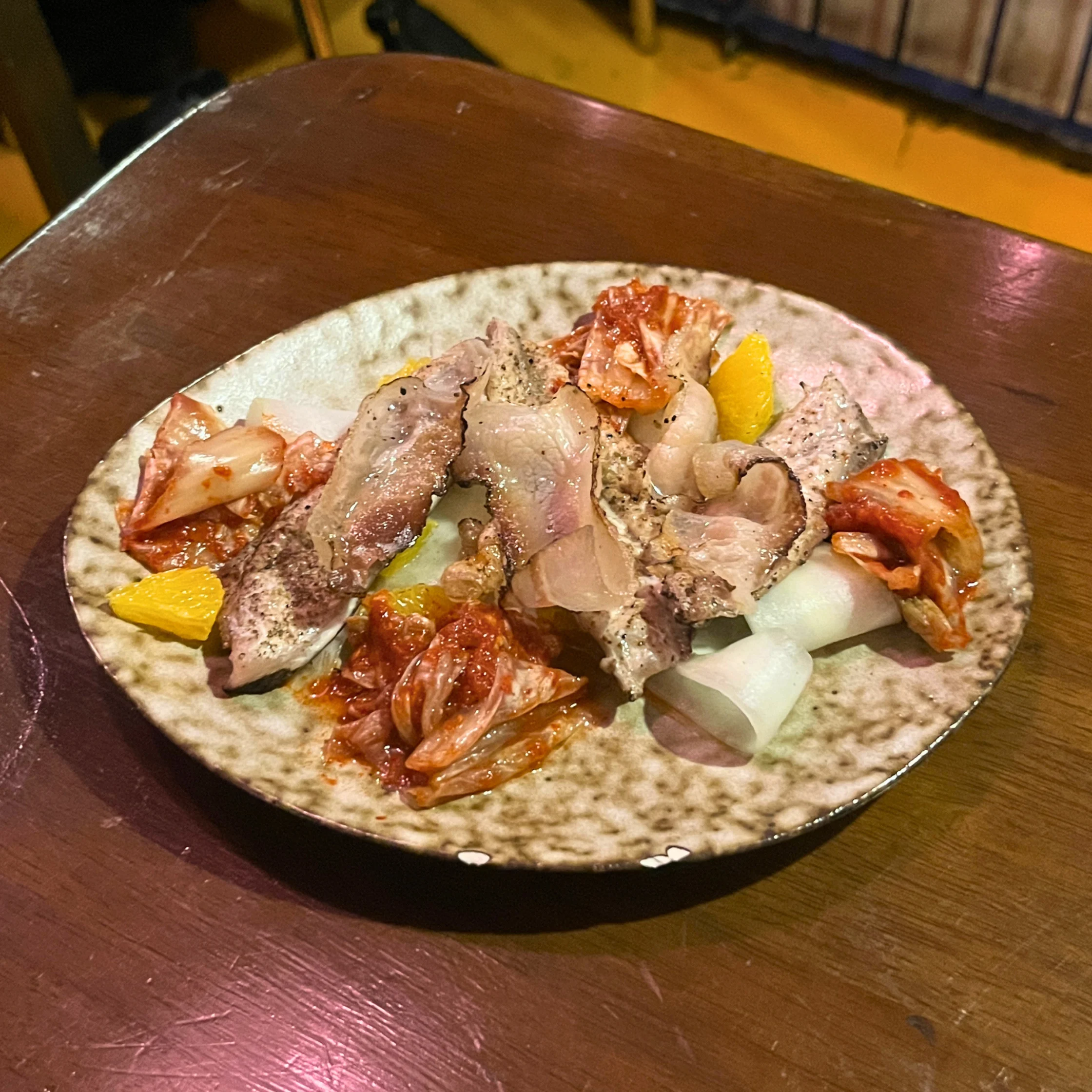 erik matti rekdi grilled pickled baby mackerel with orange pickled cucumber and kimchi