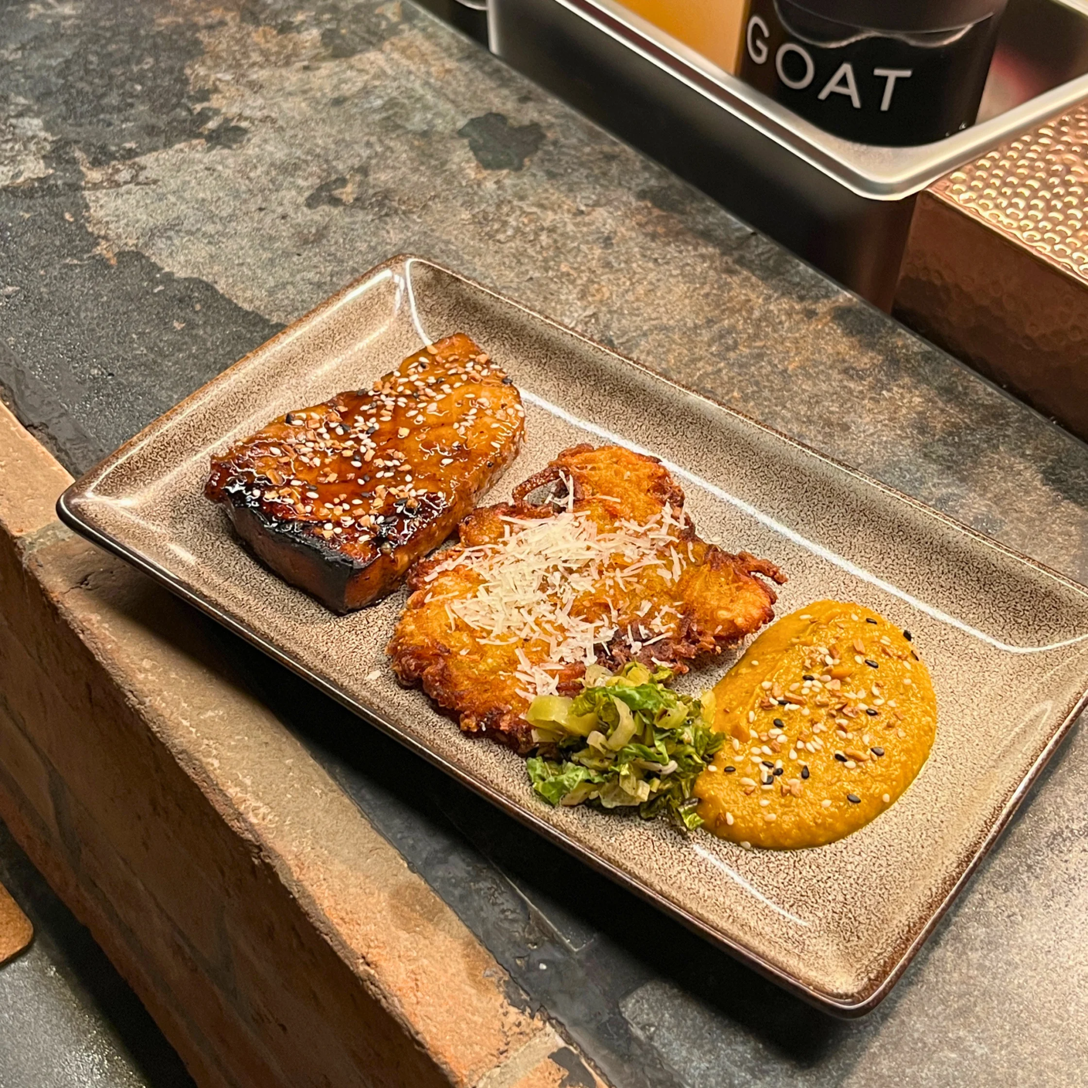 erik matti rekdi honey ginger miso blue marlin with carrot squash kamoete okoy and curried squash puree