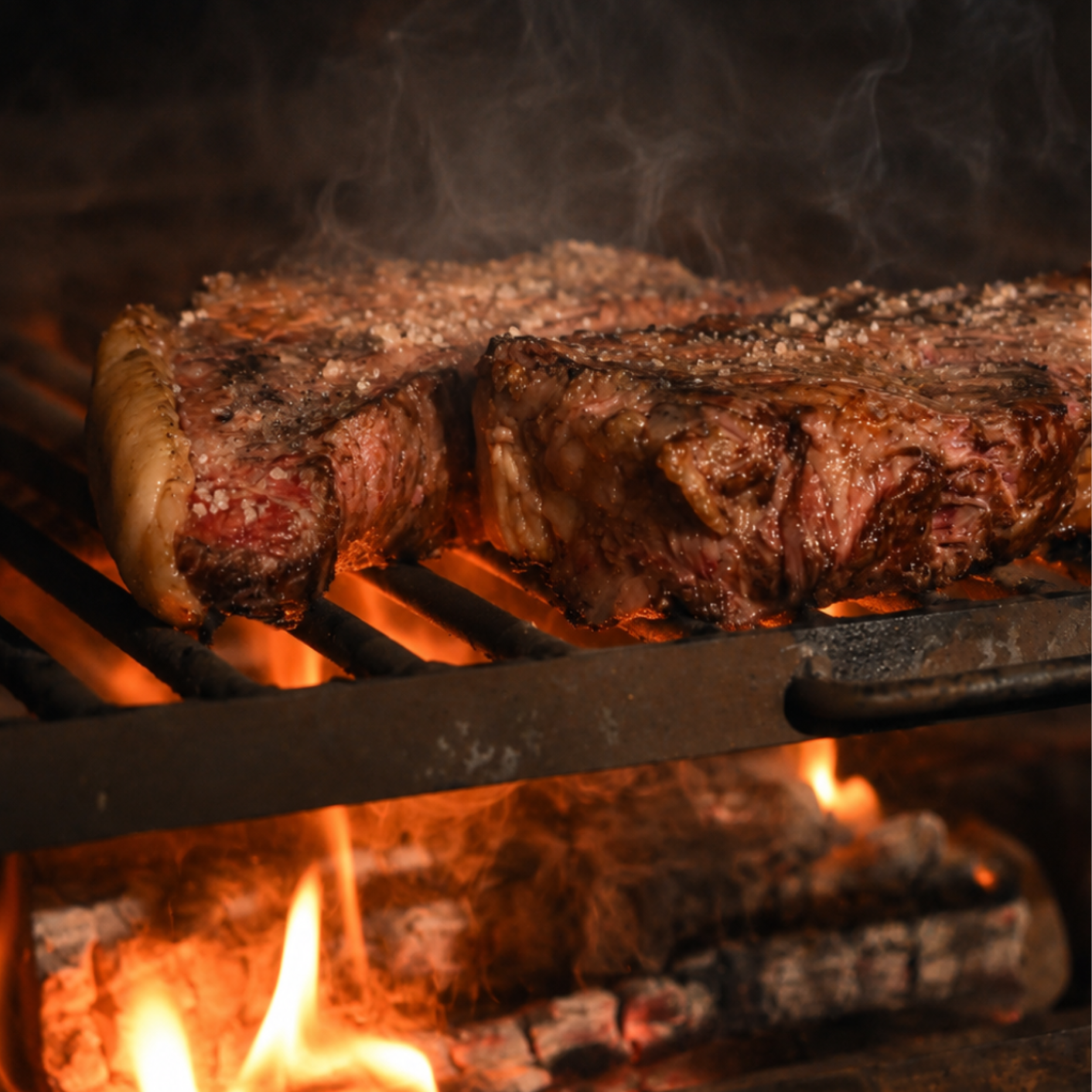 Steak over live wood fire