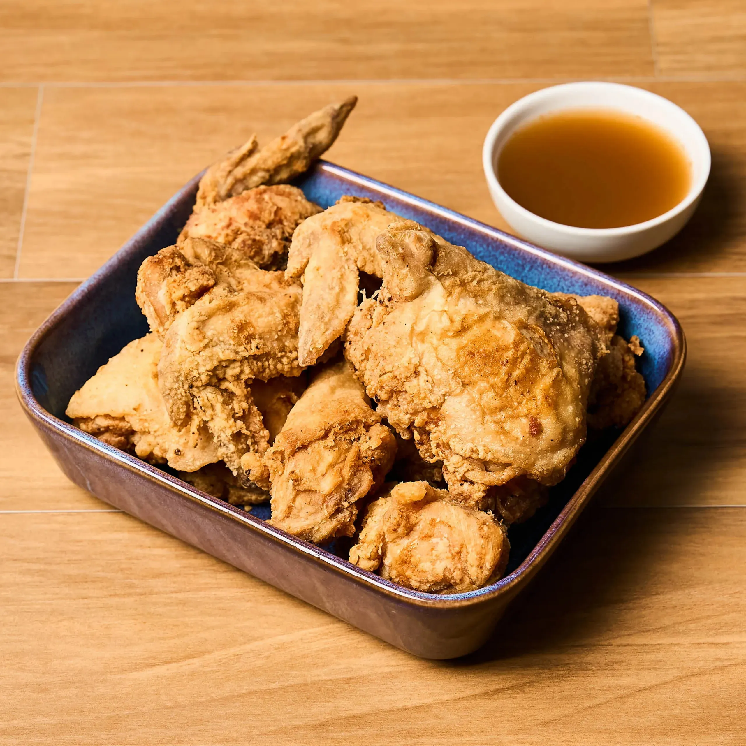 Pile of crispy fried chicken pieces in a blue tray on a wooden table, with a small bowl of brown dipping sauce nearby