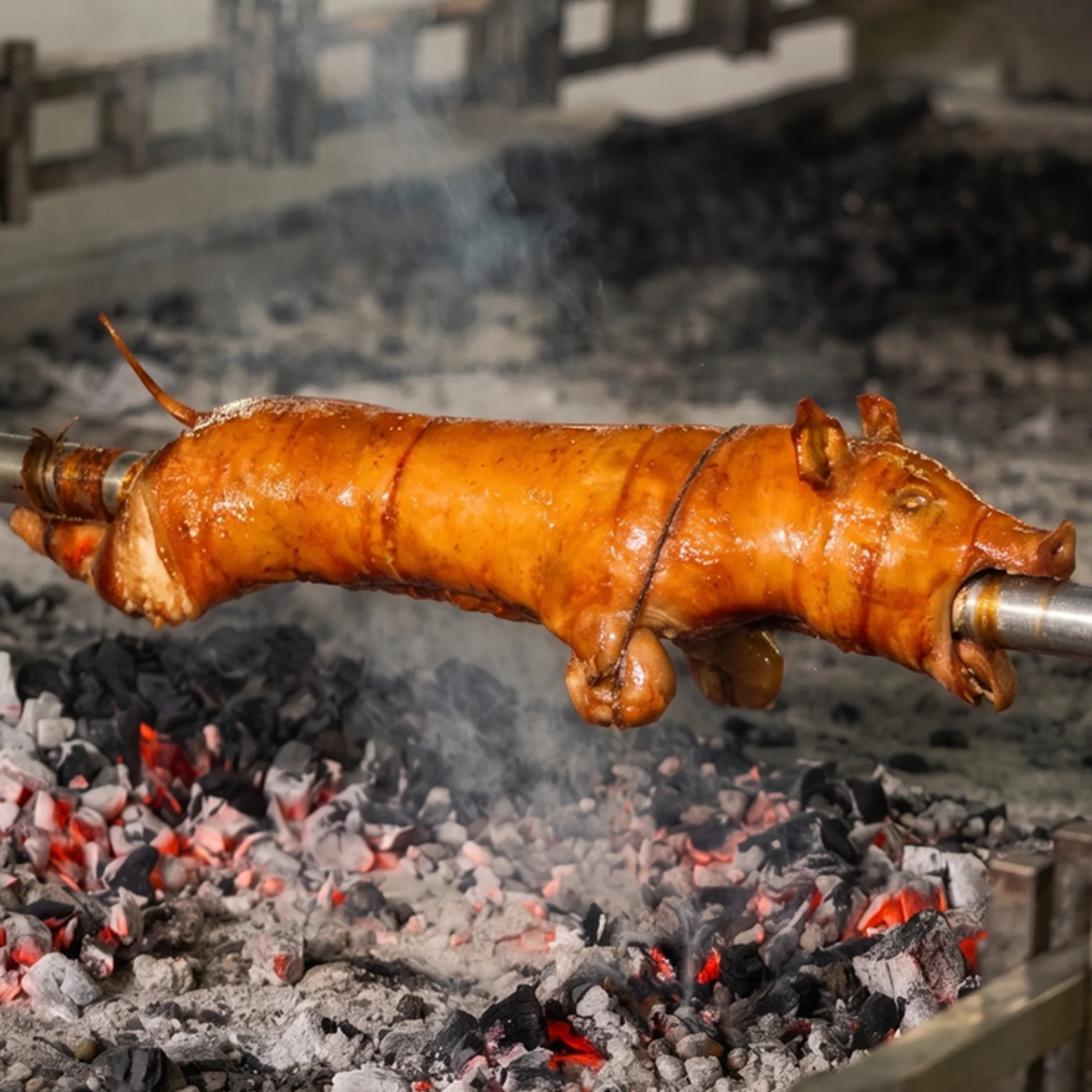 Roast pig over live coal with smoke