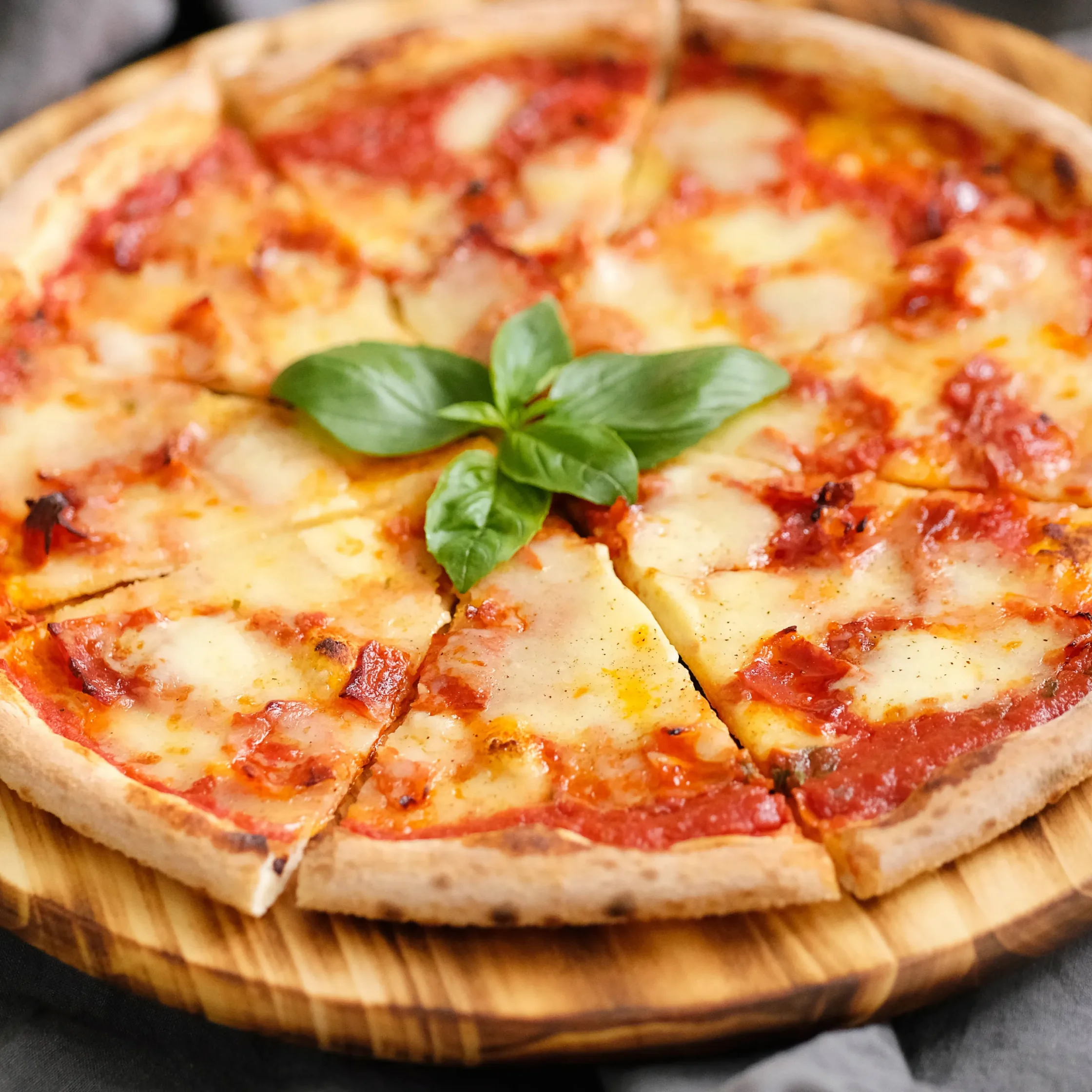 Pizza on a wooden board with melted cheese, tomato sauce, pepperoni, and fresh basil garnish.