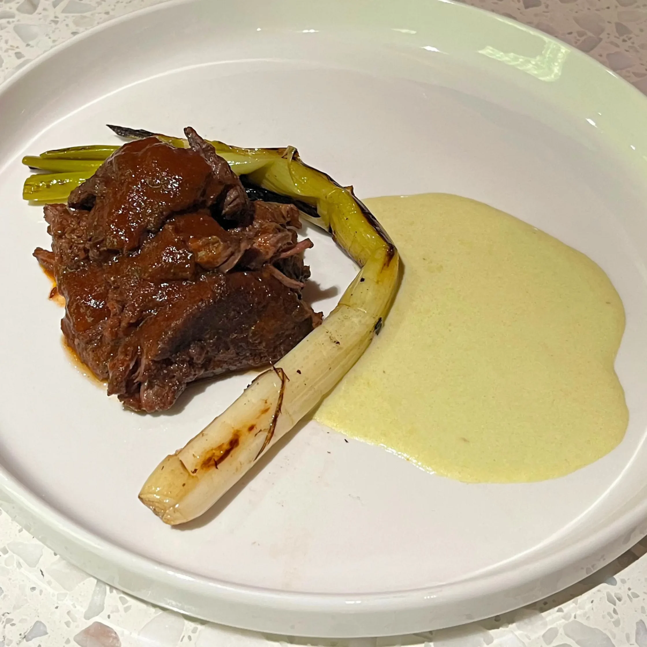 Beef cheeks with Charred Leeks and leek sauce in a wide white plate