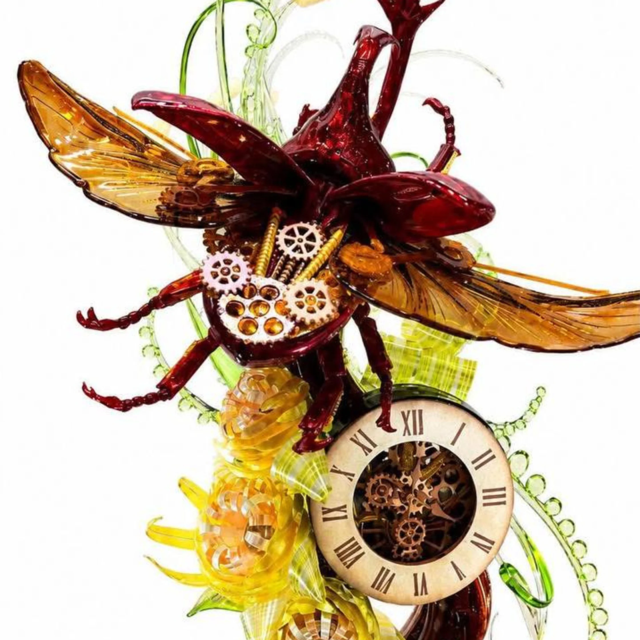 Abstract steampunk creature formed from gears, ribbons, and a clock face with Roman numerals; colorful red, amber, and green elements Best Pastry Chef of the Year Jeriel Encarnado Entry at PCC 3