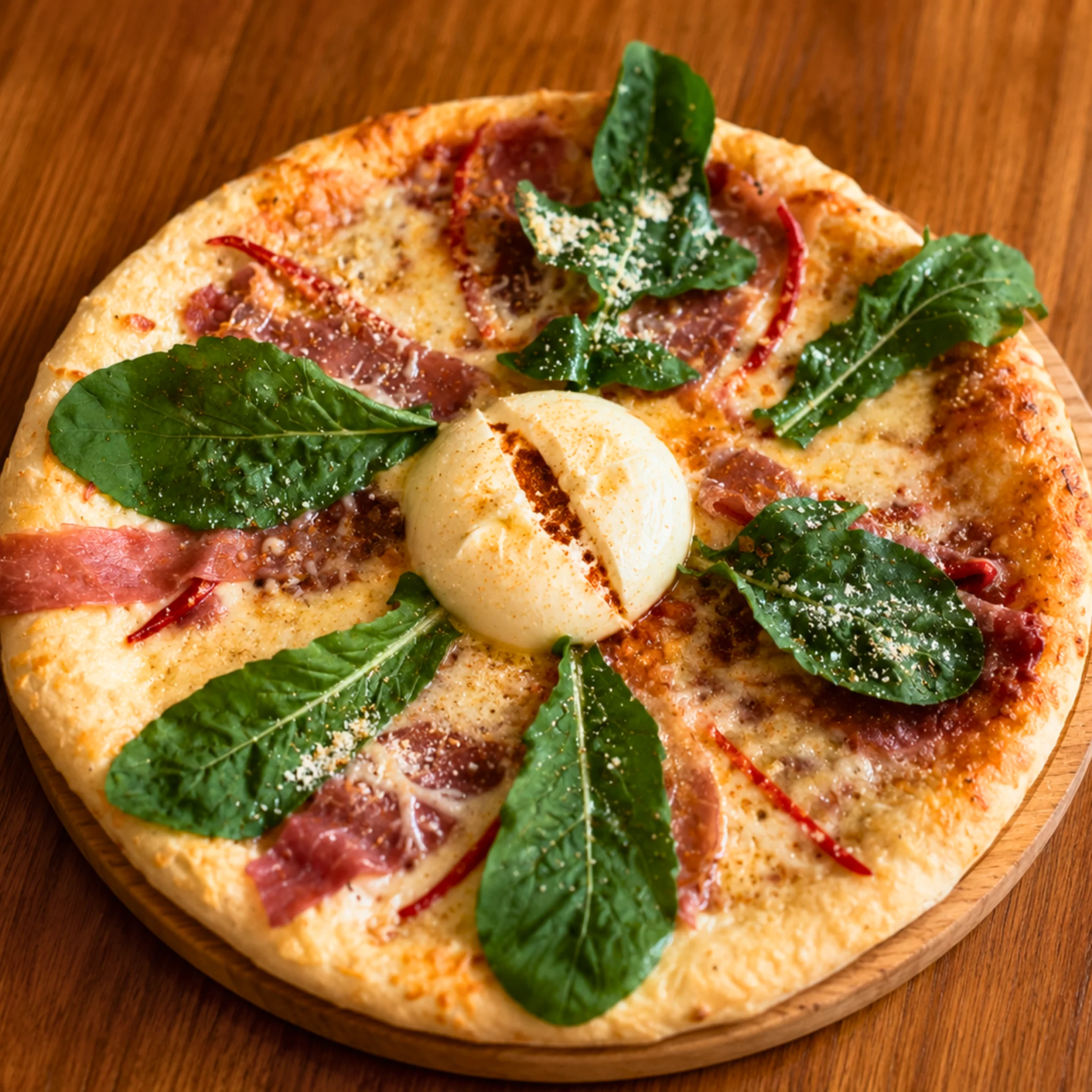 noore cafe Burrata Prosciutto Red White Duo Pizza