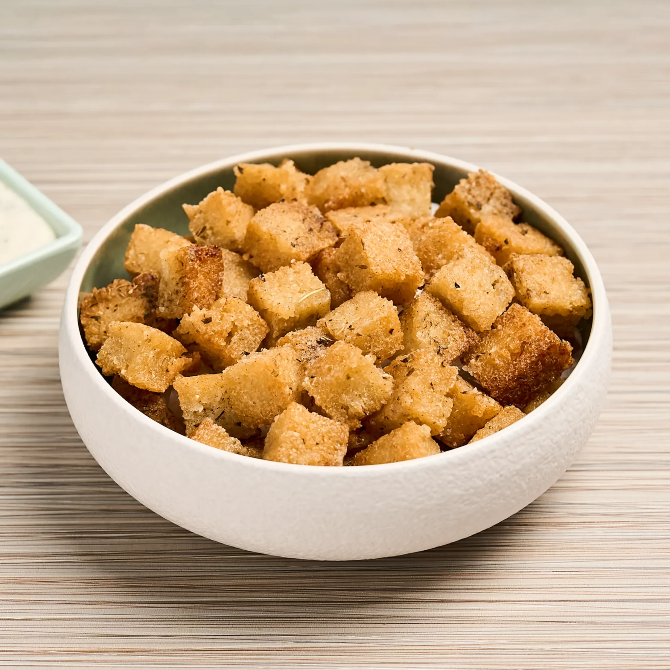Bowl of golden brown croutons on a light wooden table, with a small green sauce dish nearby.
