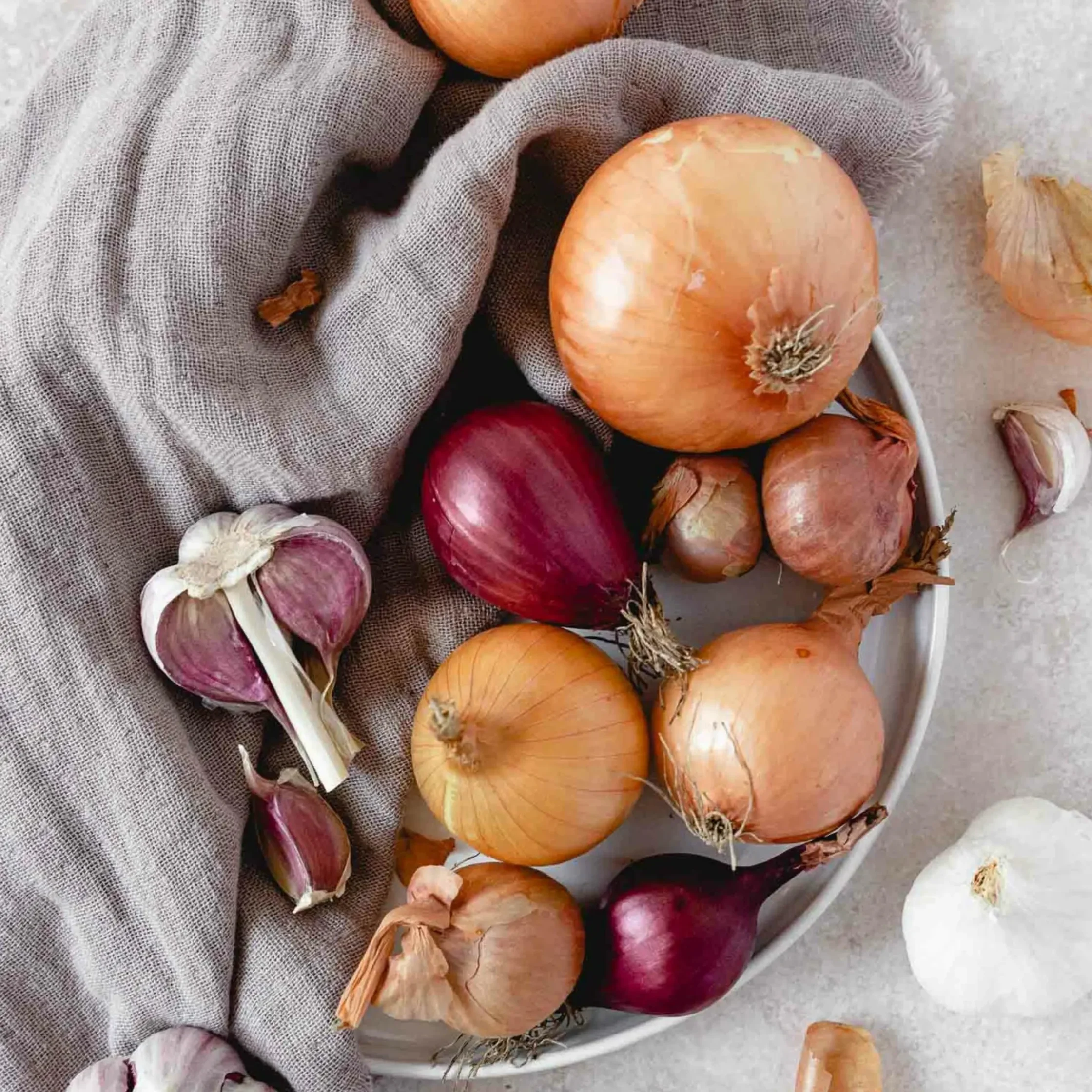 Onions and garlic scattered on a gray linen cloth inside a white bowl, ready for cooking mix.