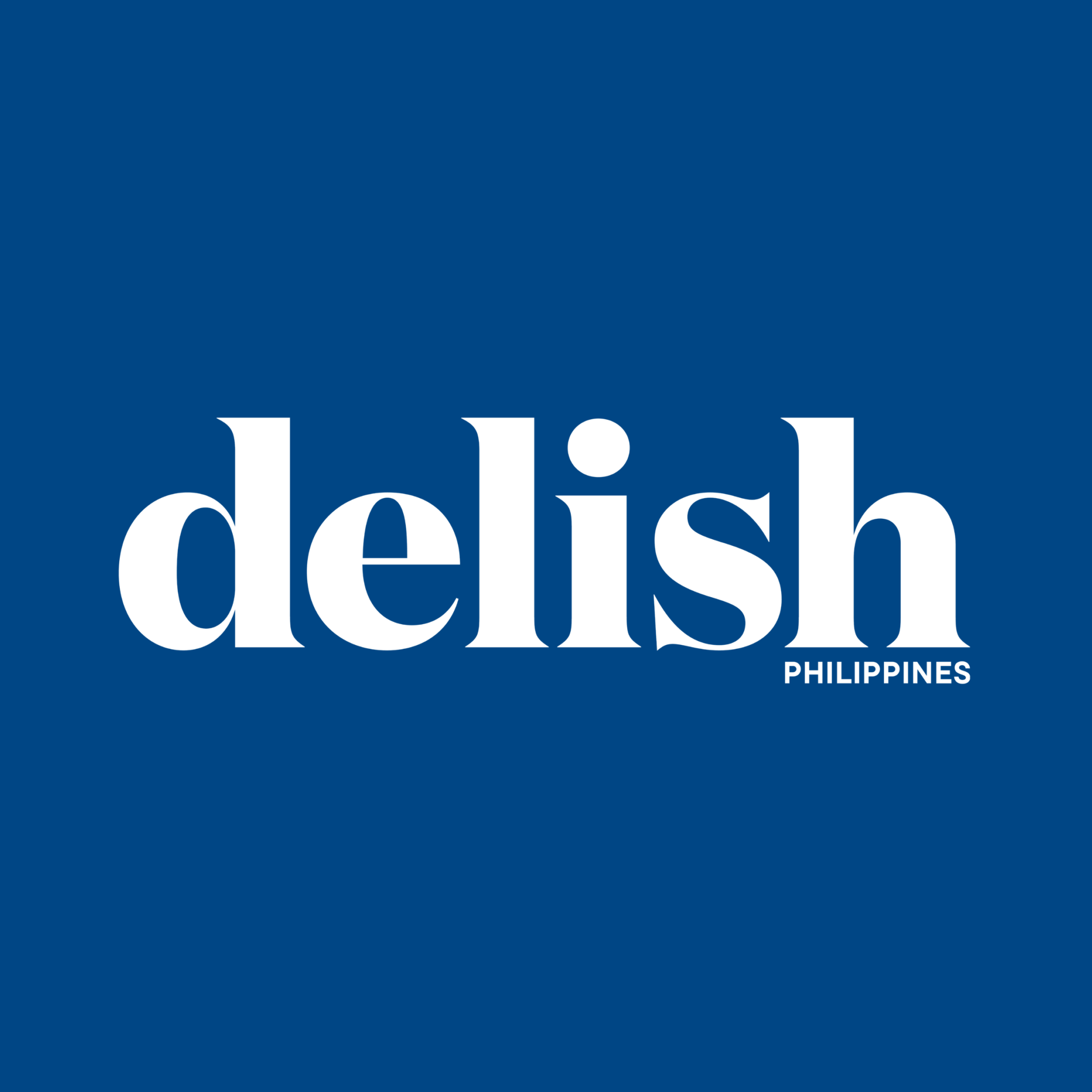 Blue banner featuring the white serif word 'delish' with smaller 'PHILIPPINES' at the bottom-right (brand logo).