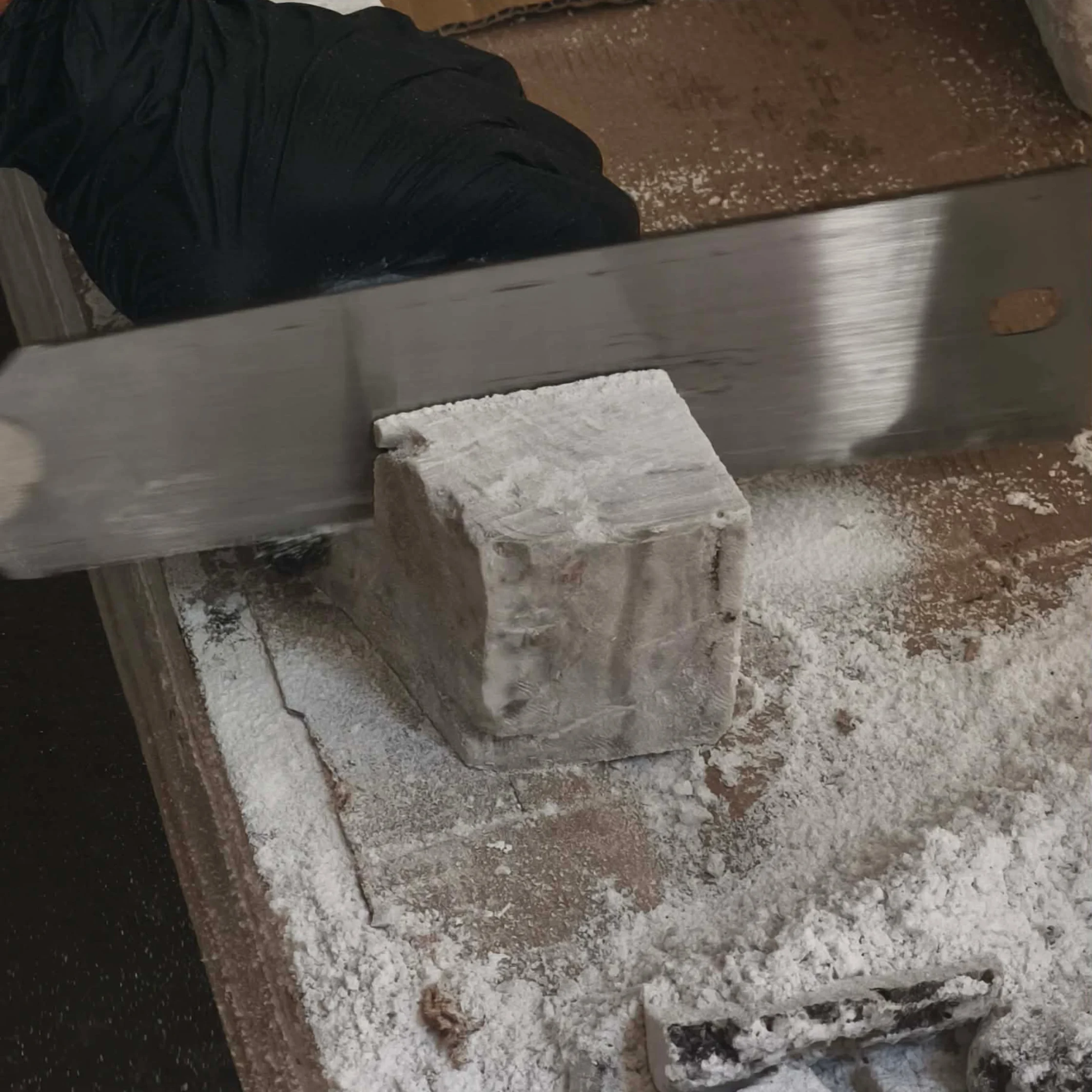 chopping the salt to chunks