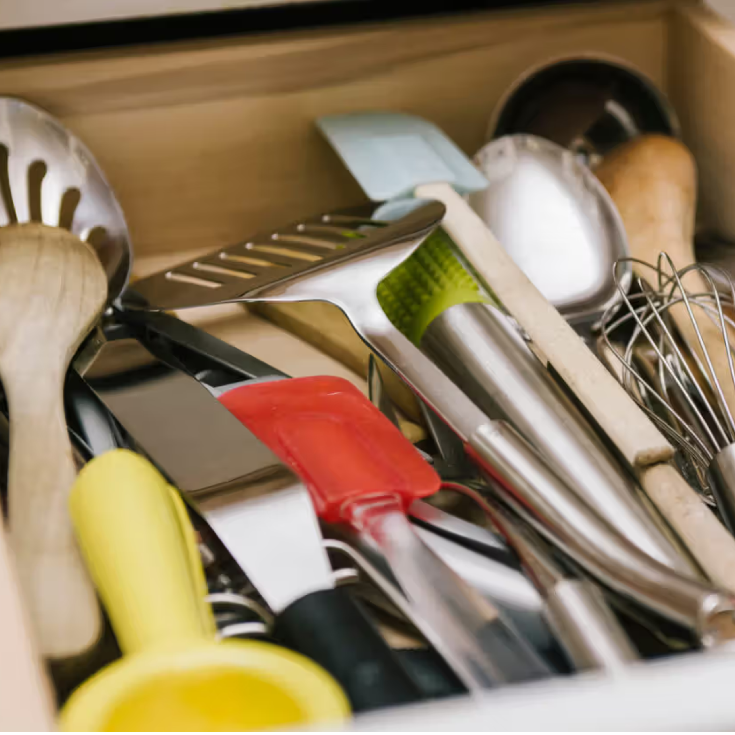 Disorganized kitchen drawer with assorted utensils, cords, and plastic items spilling out.