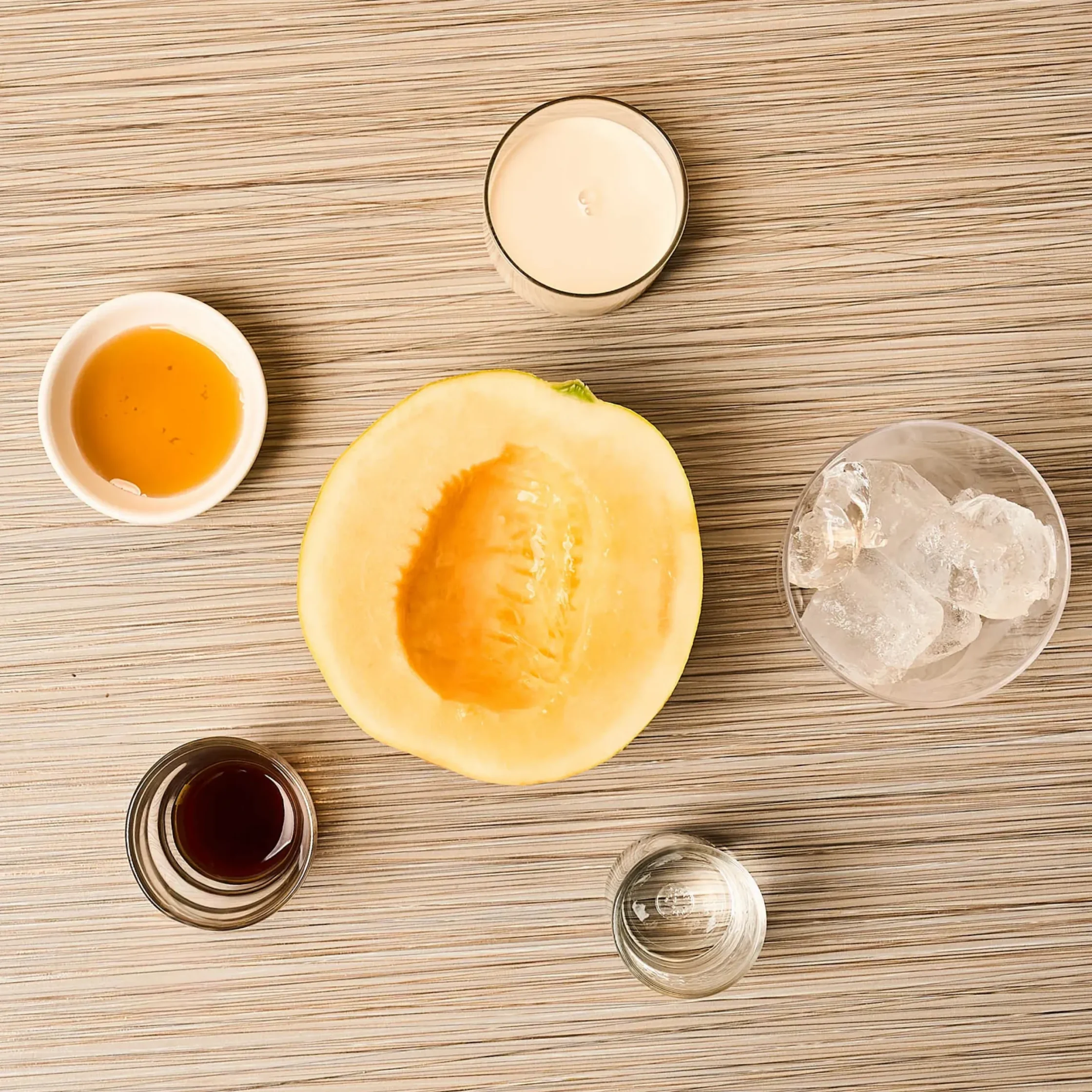 Halved cantaloupe on a wooden table, with a small bowl of orange dipping sauce and a glass of iced beverage nearby.