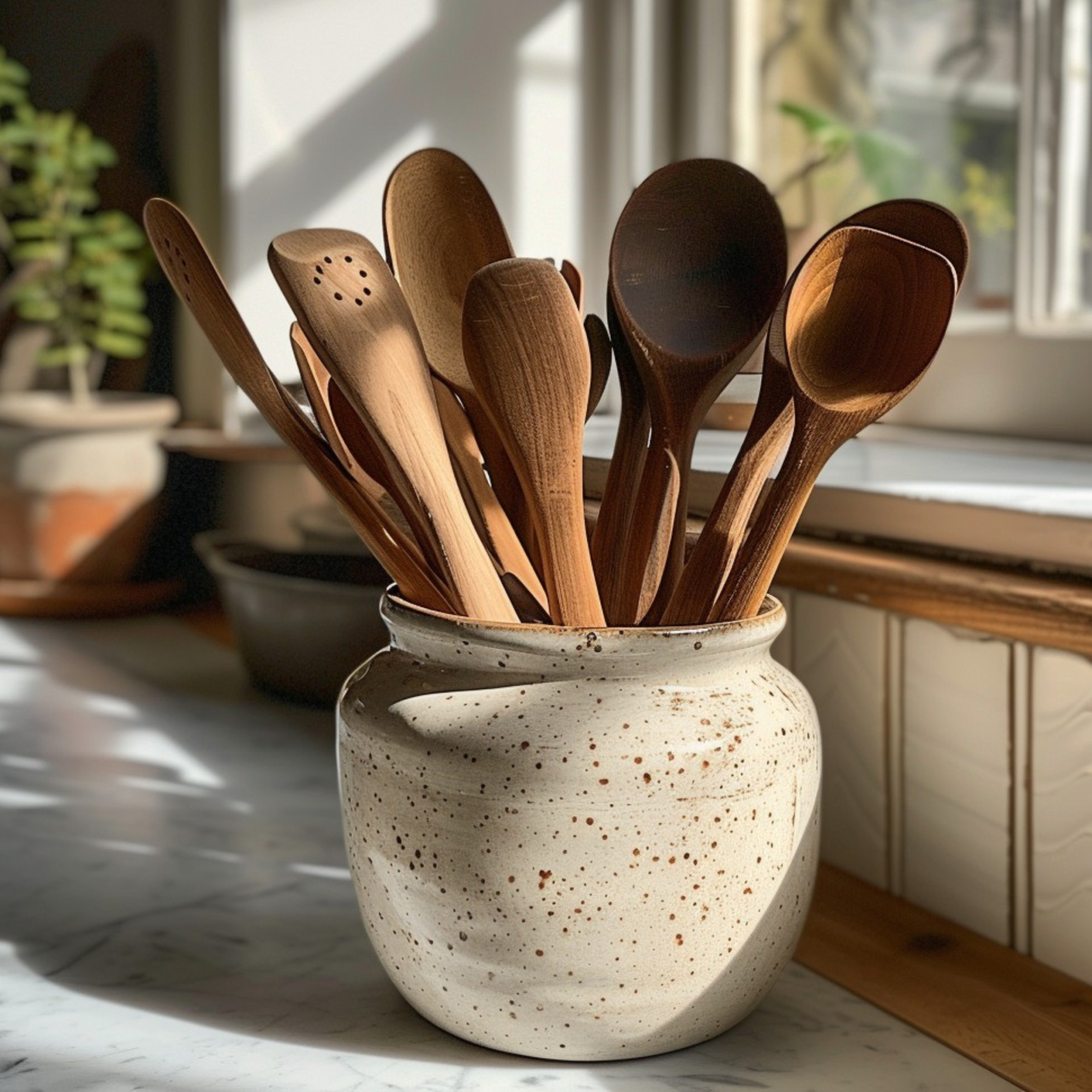 Ceramic speckled vase holding wooden kitchen utensils on a marble counter in a bright room