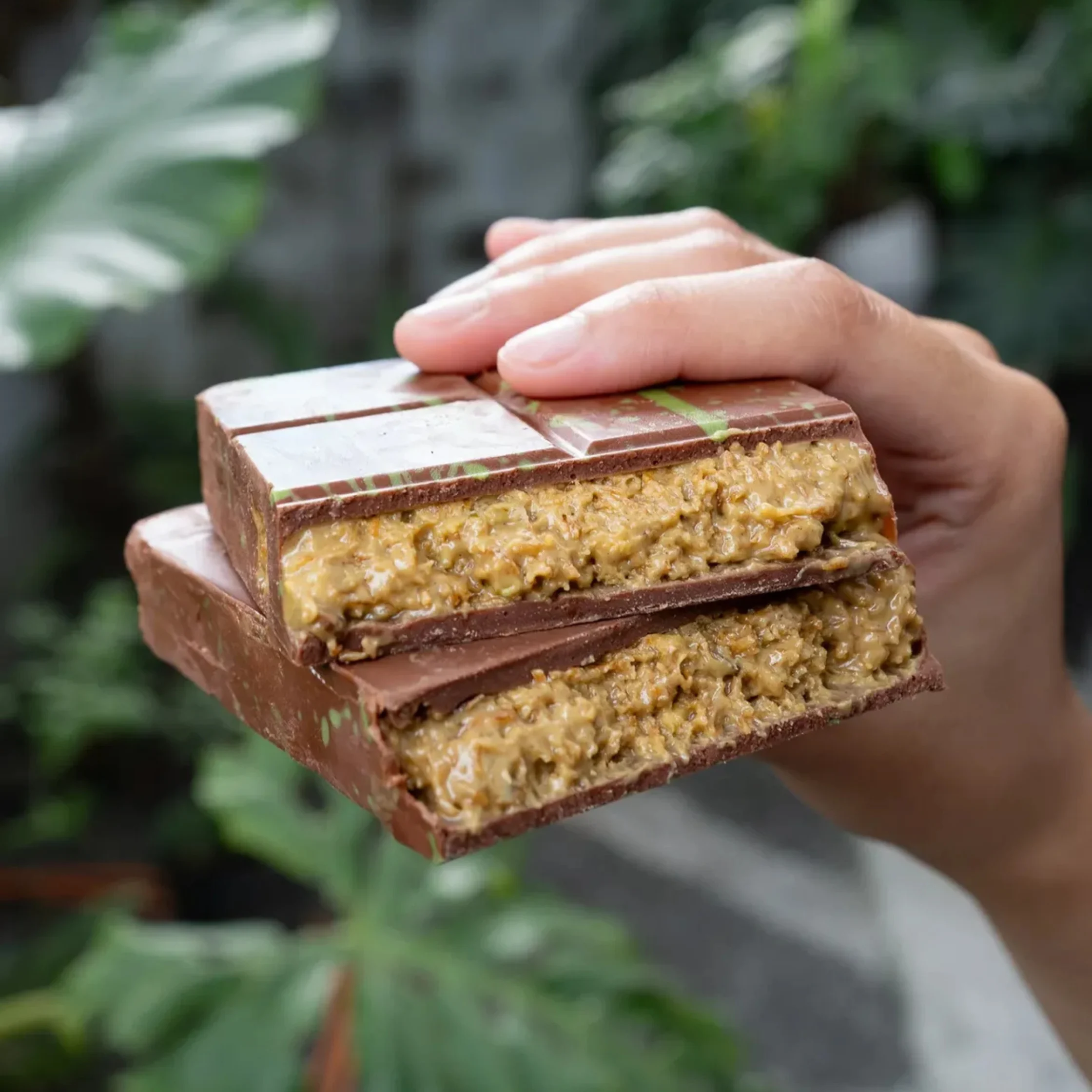 Close-up of a hand holding a stack of chocolate-covered granola bars with visible oats and nuts, outdoors among greenery.