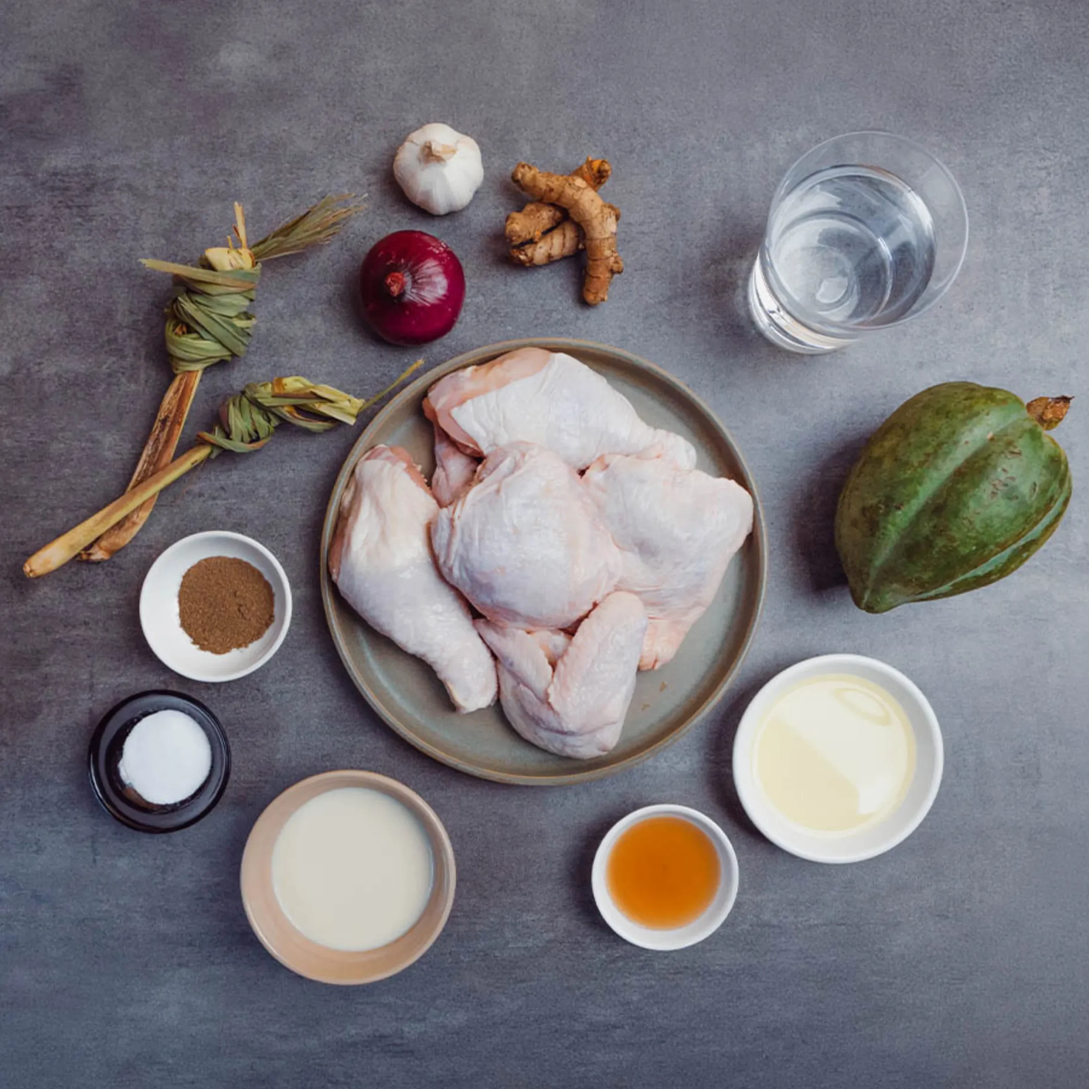 Top-down view of raw chicken with assorted spices, garlic, onion, ginger, and herbs on a gray countertop.