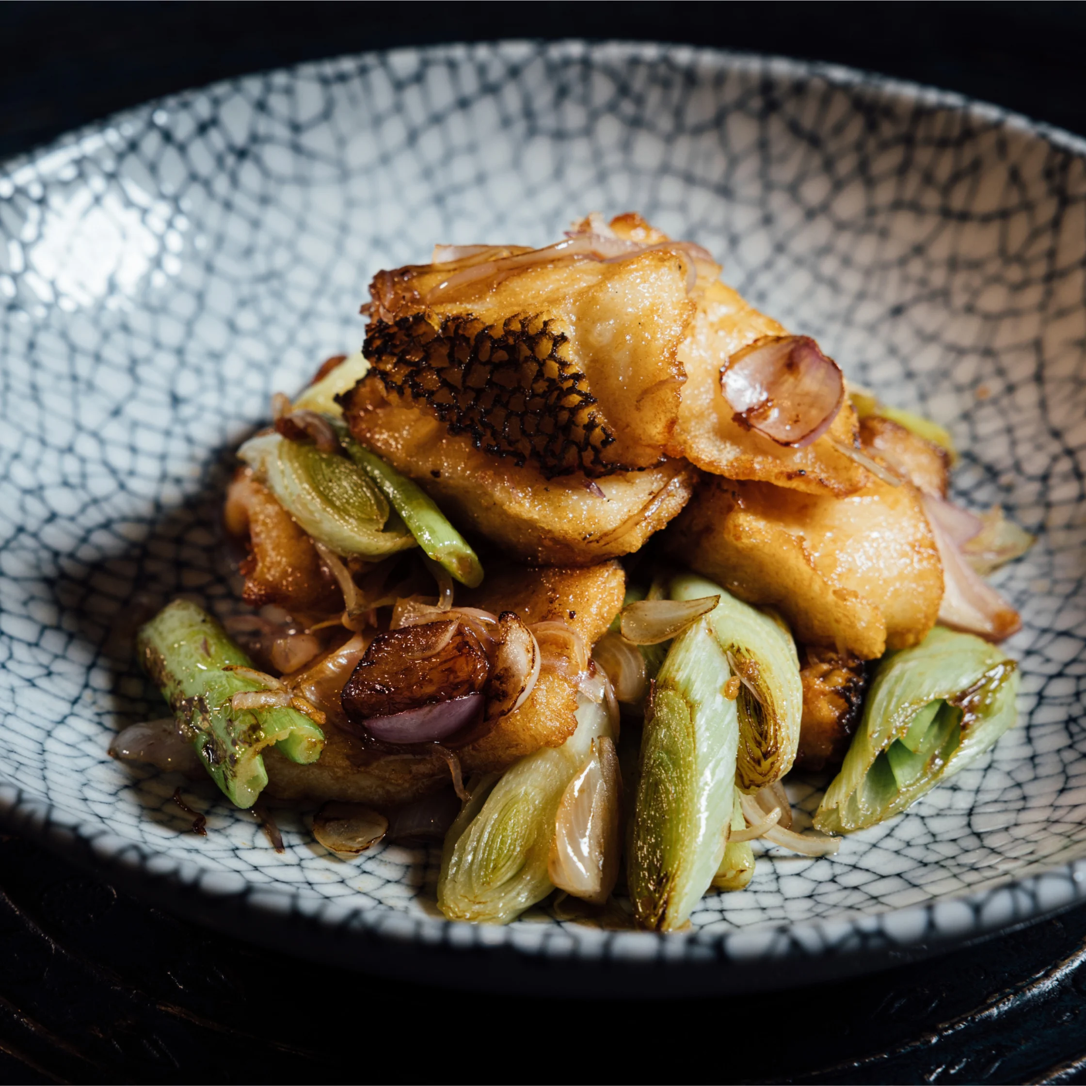 Cod Fish with Leeks Shallots Scallions and Soy Sauce