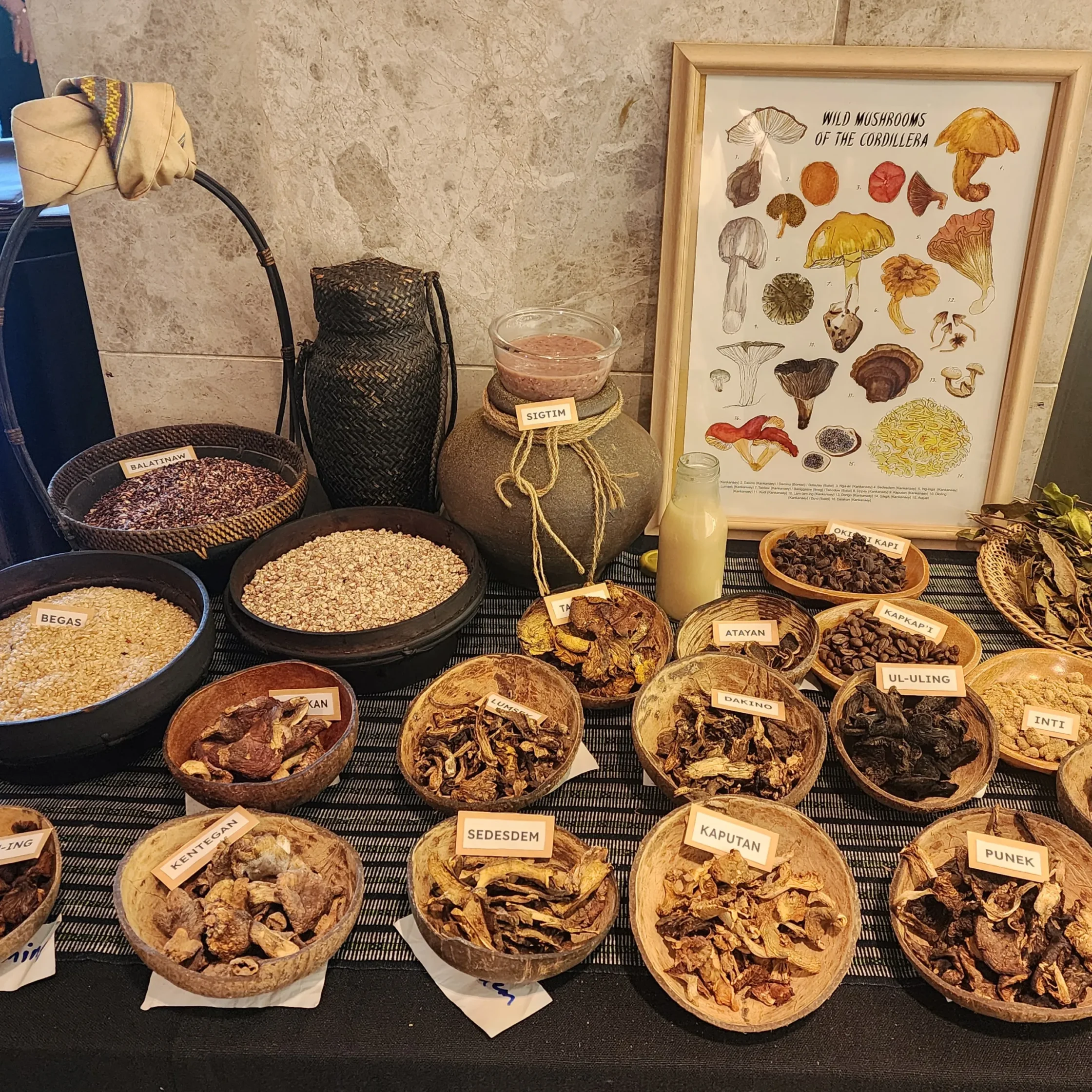 Assortment of bowls with dried mushrooms and grains displayed on a market stall, with a framed mushroom chart in the background.