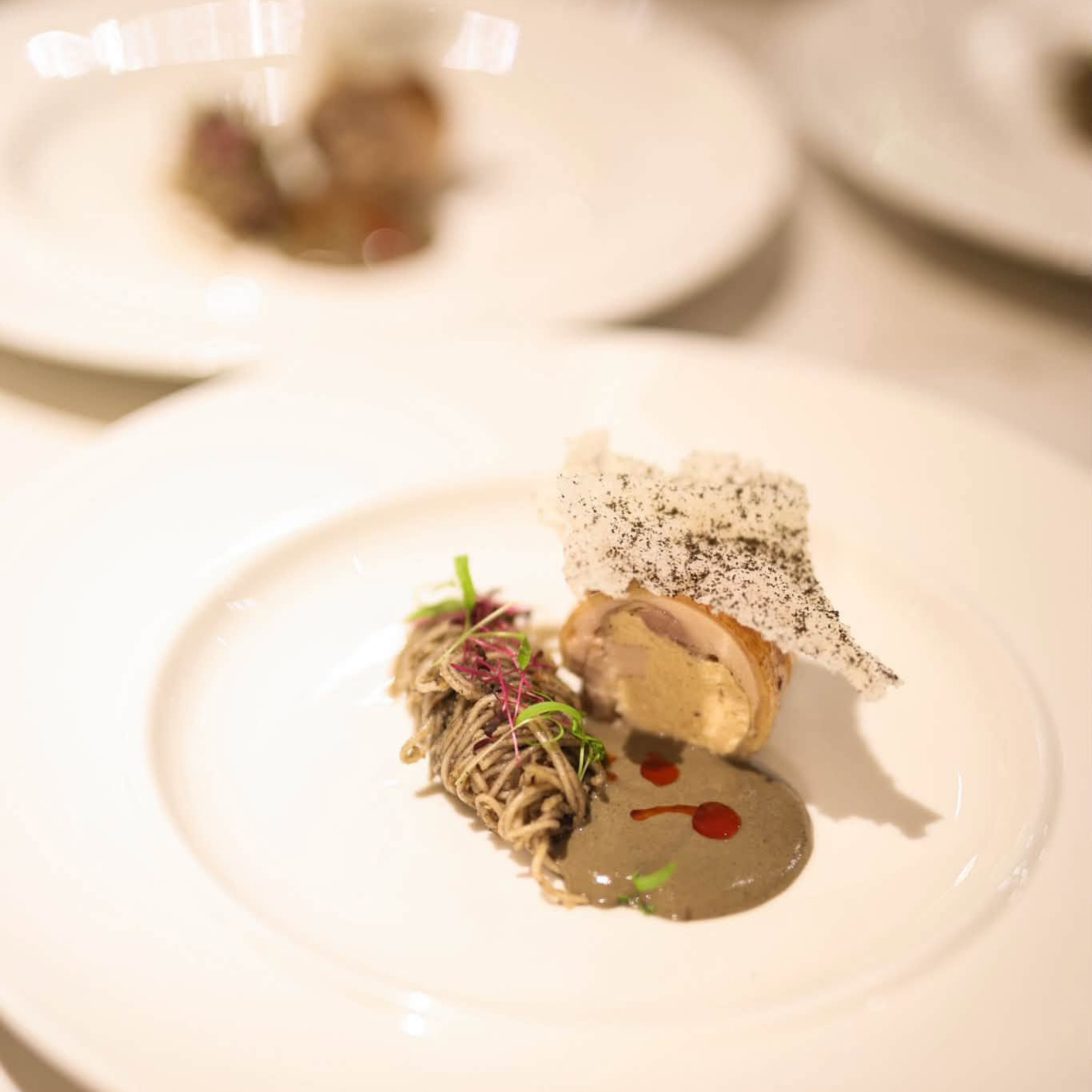 plated dish in colors of green pink and white
