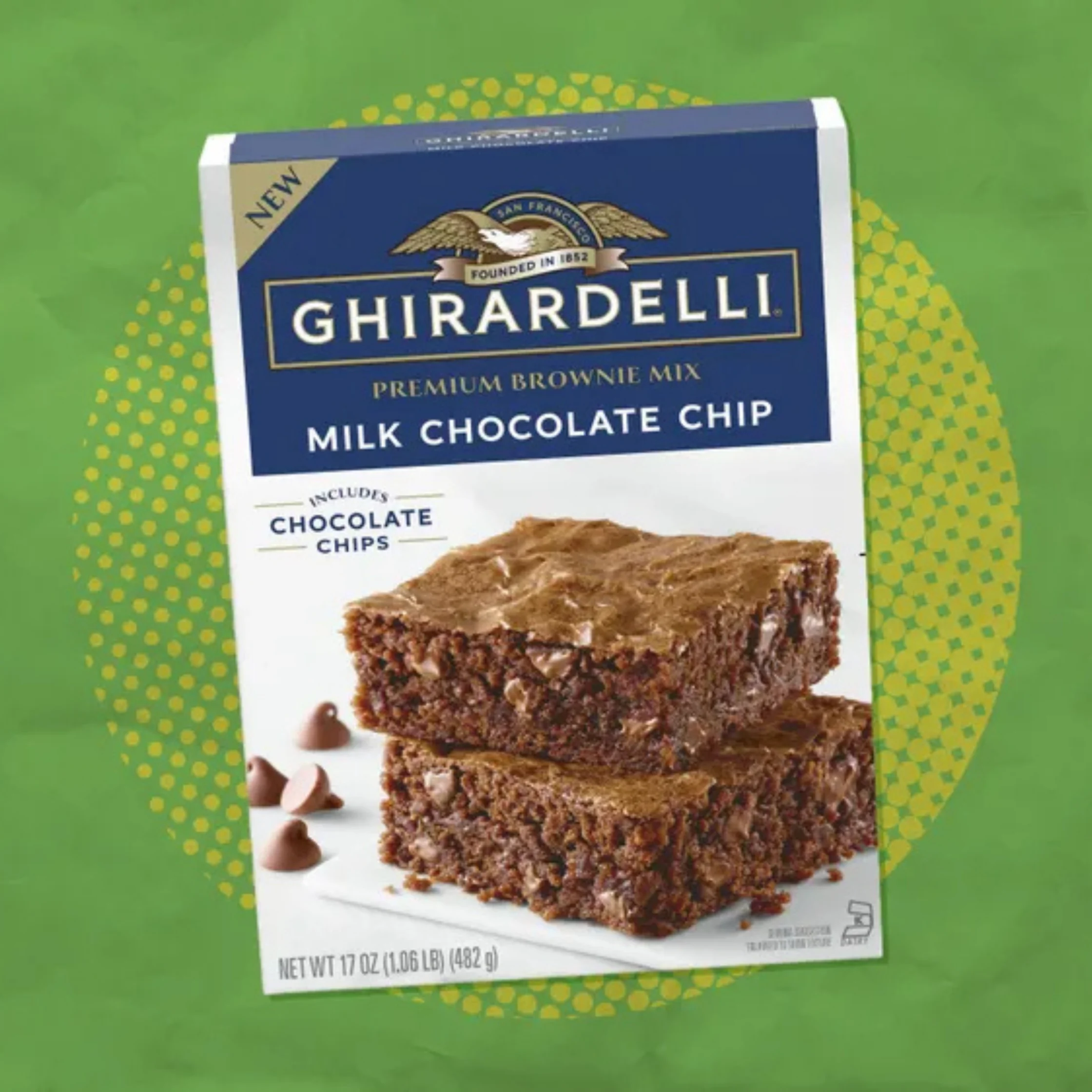 box of chocoalate brownie mix in front of a green background