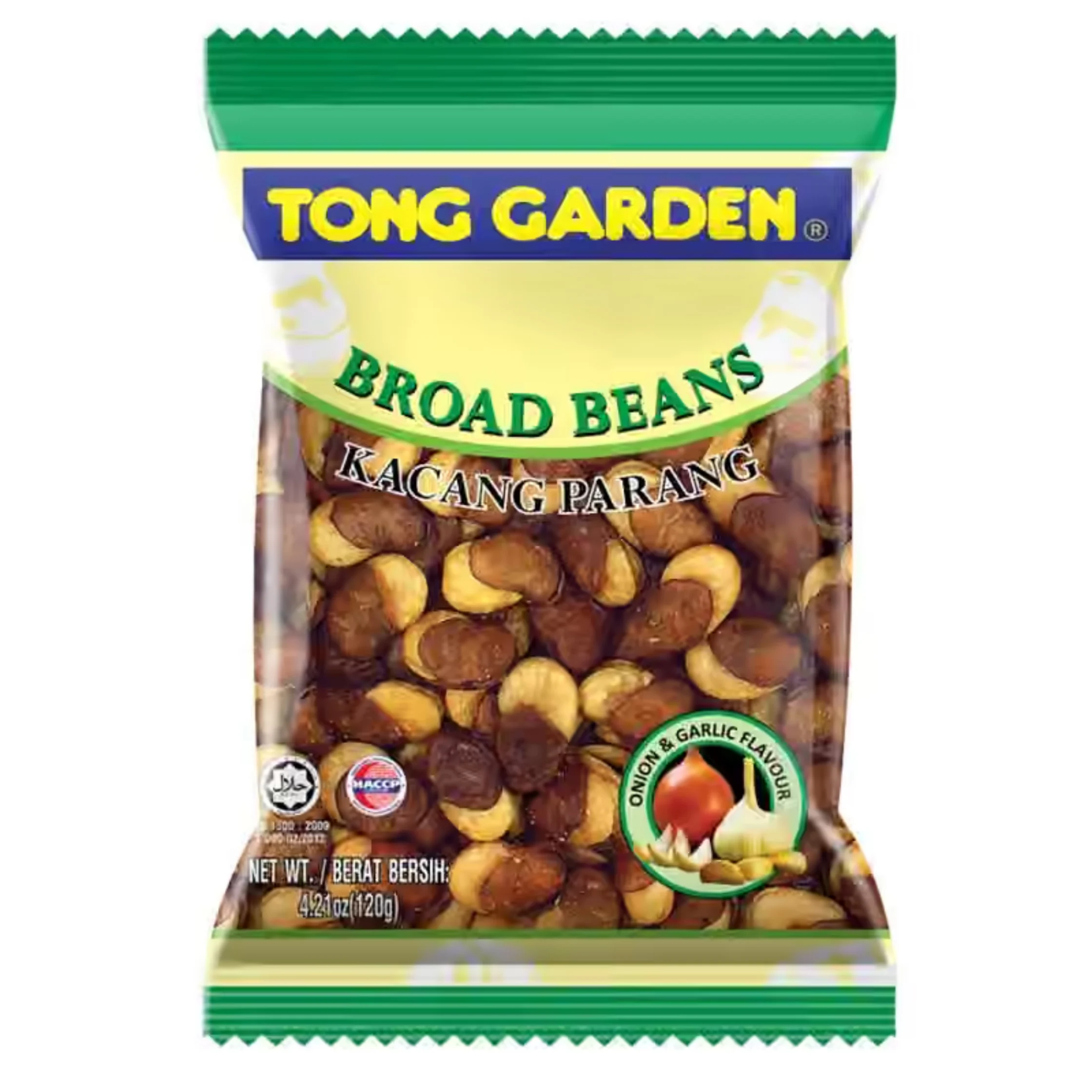 one pack of Tong Garden Broad Beans, green and yellow packaging