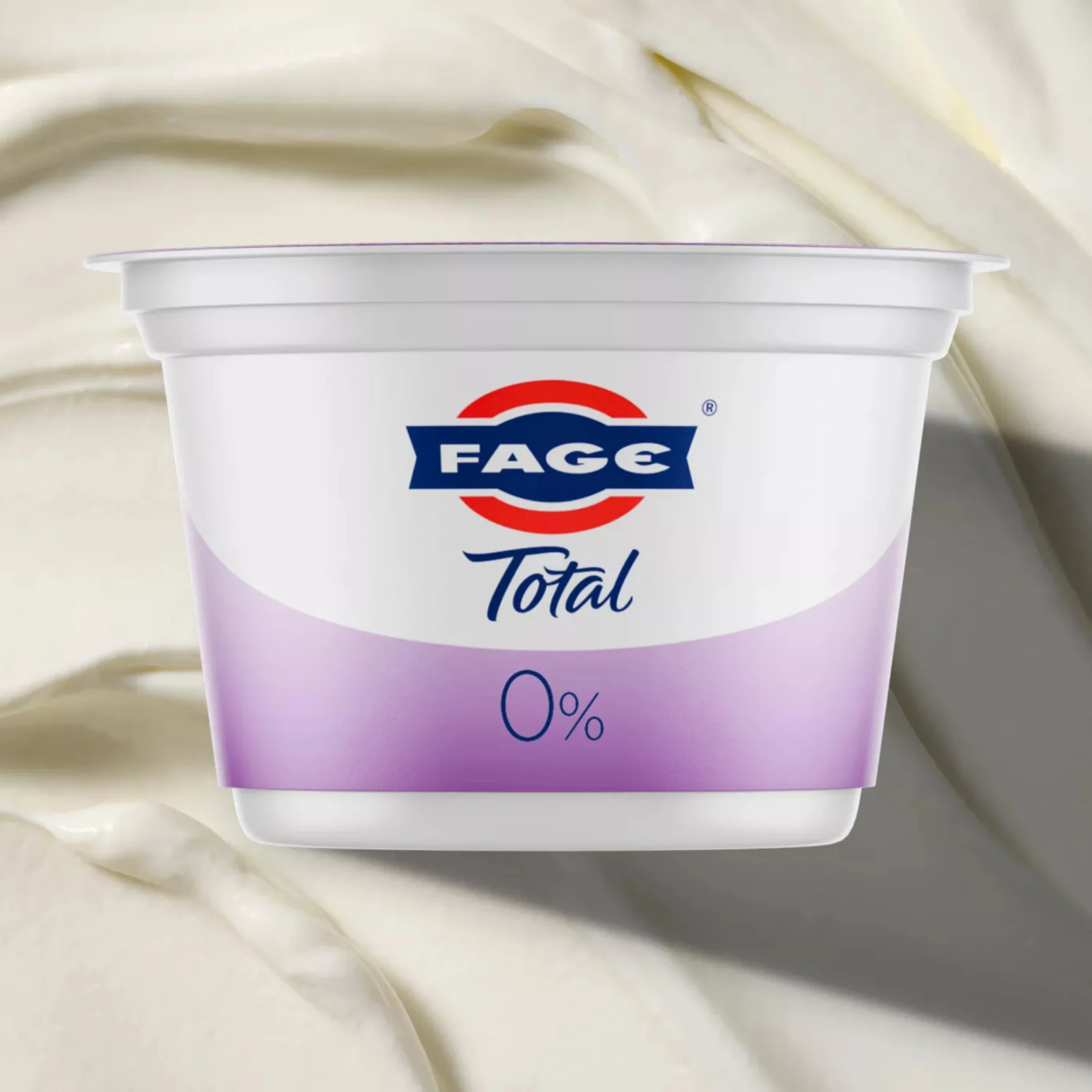 one packet of Fage 0% yougurt with a white yogurt background
