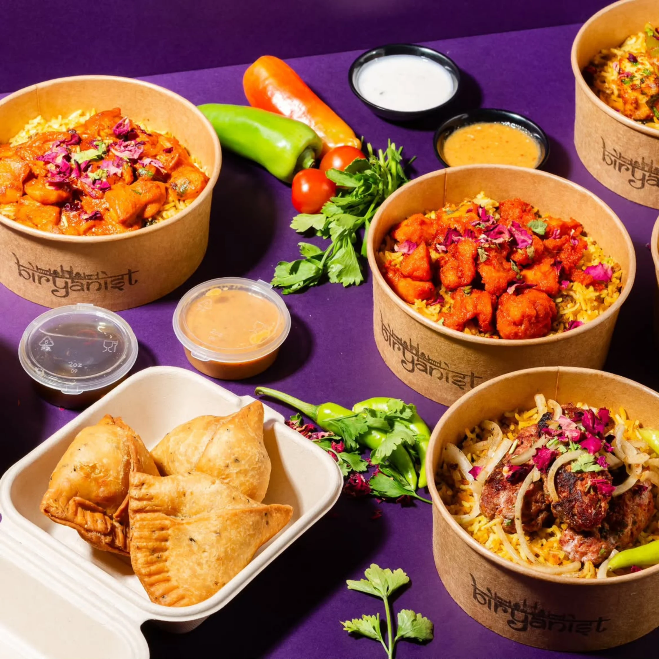Three bowls of colorful Indian rice bowls topped with curry and vegetables, with sauces and fresh herbs on a purple table.