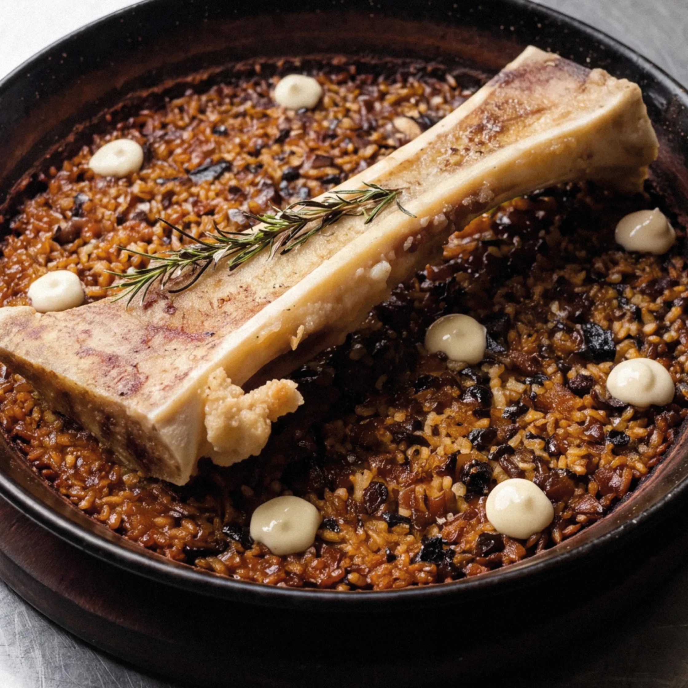 Close-up of a rustic black skillet filled with crispy rice and mushrooms, topped by a roasted bone marrow and rosemary, evoking warmth.