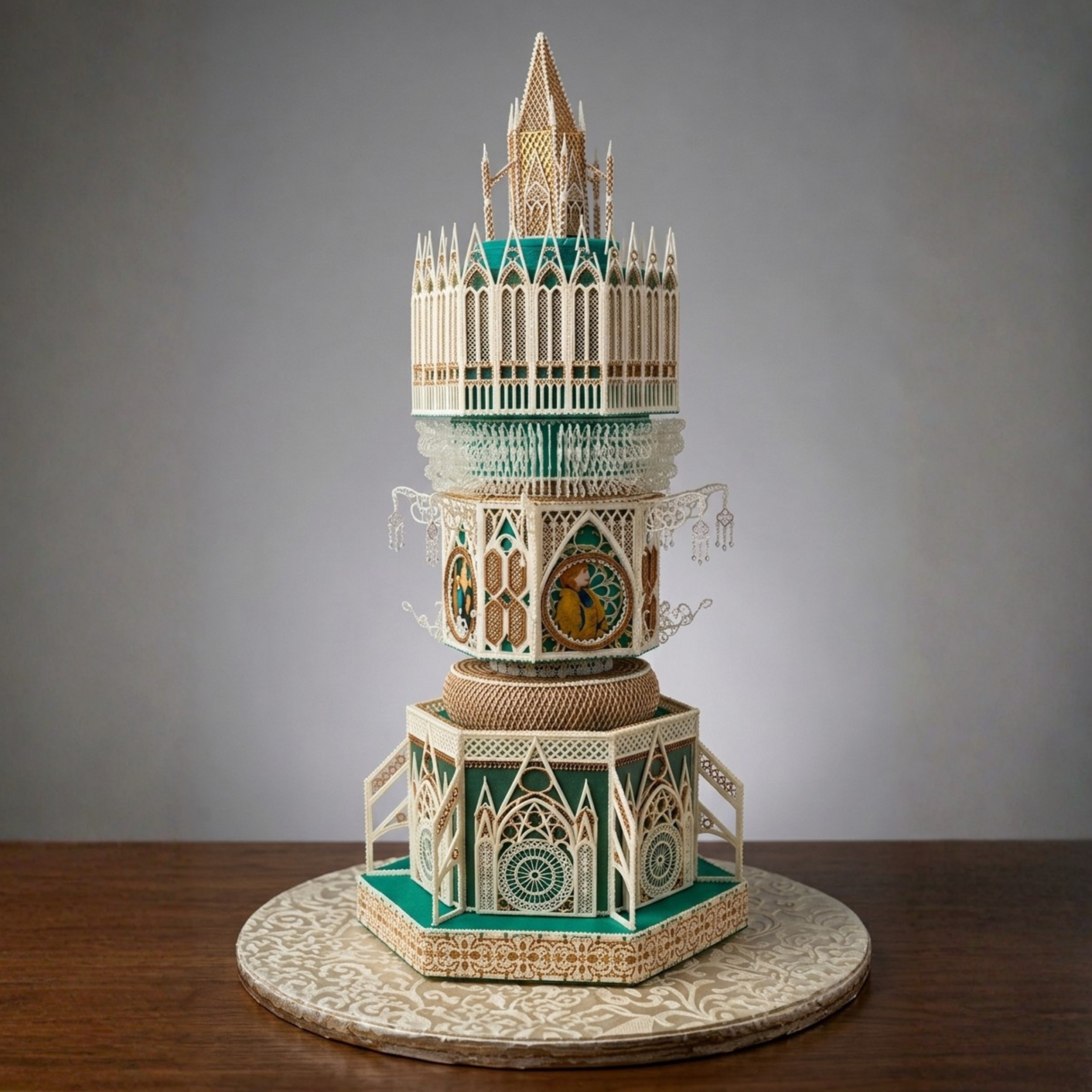 Intricately cut paper sculpture of a multi-tiered tower with arches, lacework, and green-gold accents on a round patterned table.