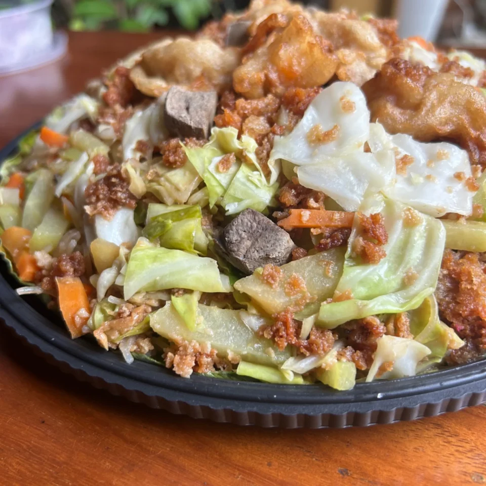 Close-up of a bowl with ground meat, shredded cabbage and carrots topped with crispy onions.