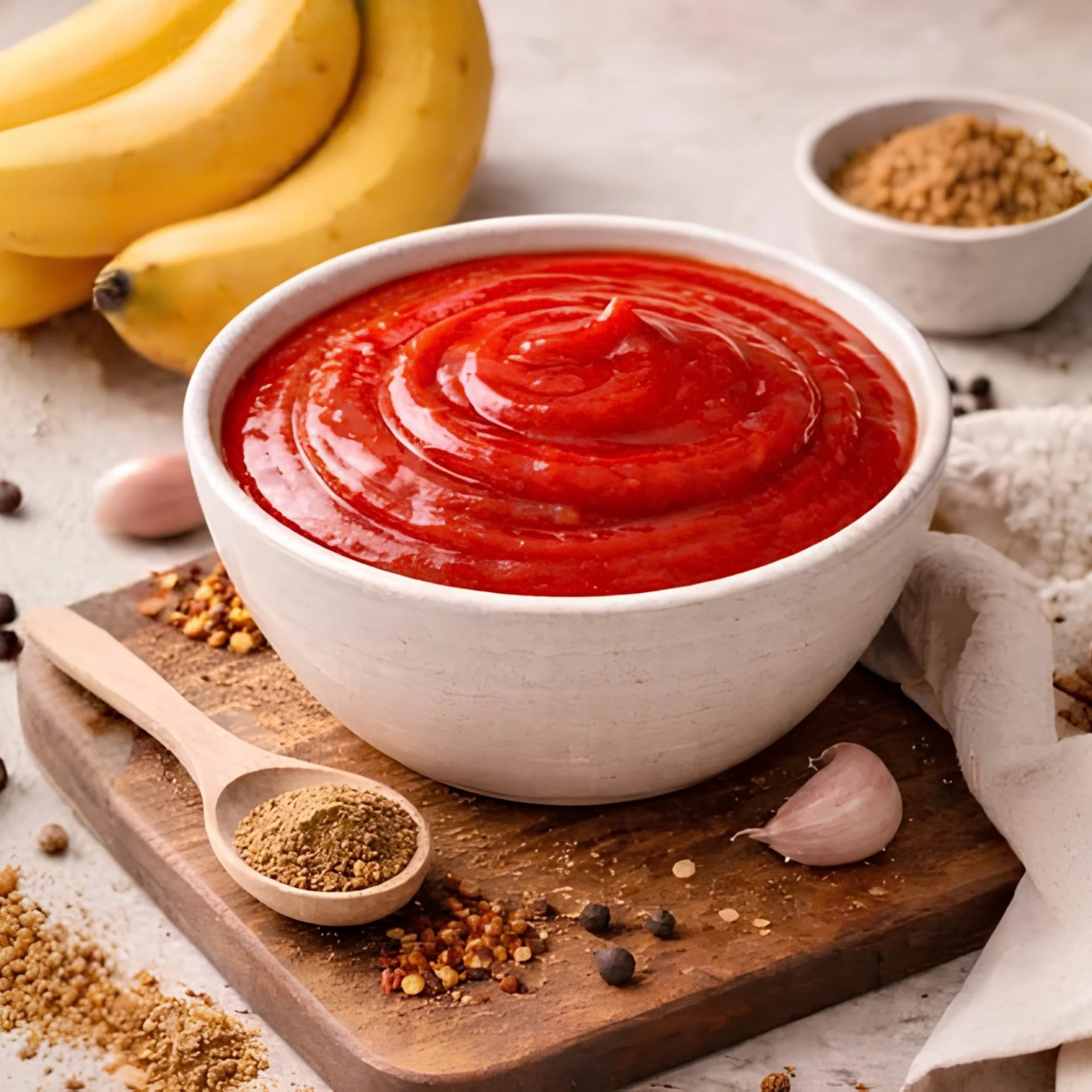 A bowl of glossy red banana ketchup sits on a wooden board with ripe bananas, garlic, spices, and a wooden spoon, creating a warm, appetizing kitchen scene.