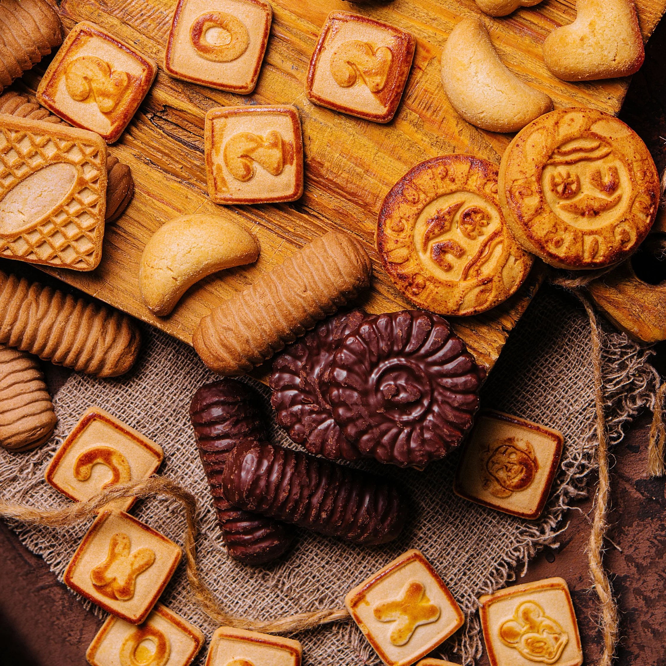 Assorted golden cookies and biscuits on rustic wood and burlap, featuring embossed designs and warm autumn tones, cozy and inviting.
