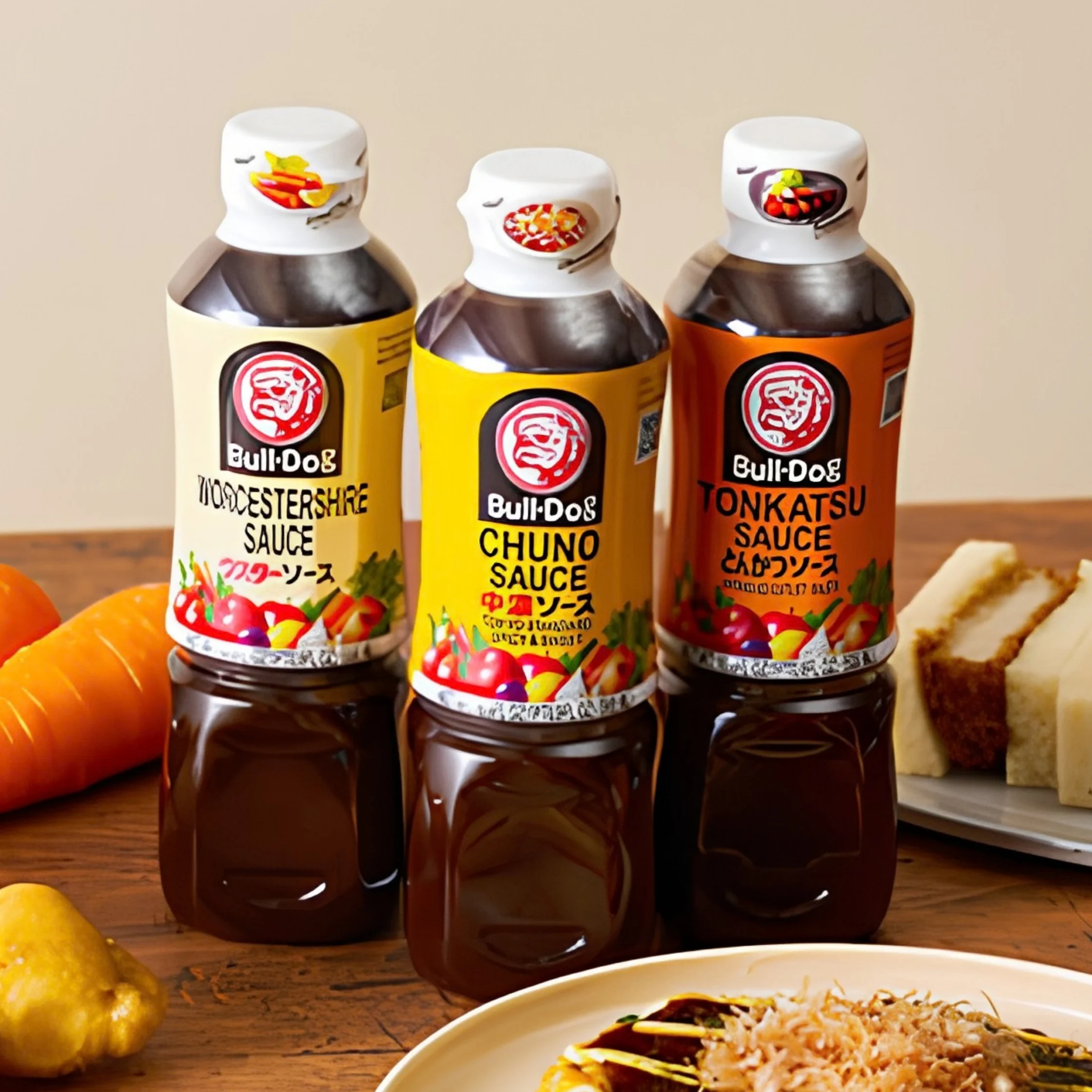 Three Bull-Dog sauce bottles—Worcestershire, Chuno, and Tonkatsu—stand on a wooden table with carrots, bread, lemon, and plated food.